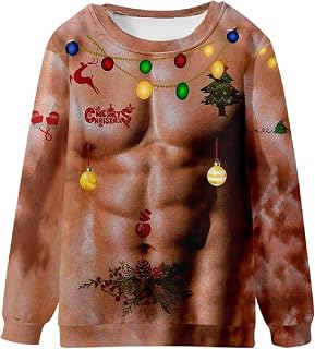 Mens Ugly Christmas Crewneck Sweatshirts Long Sleeve 3D Printed Pullover Tops Xmas Funny Graphic Holiday Party Shirt