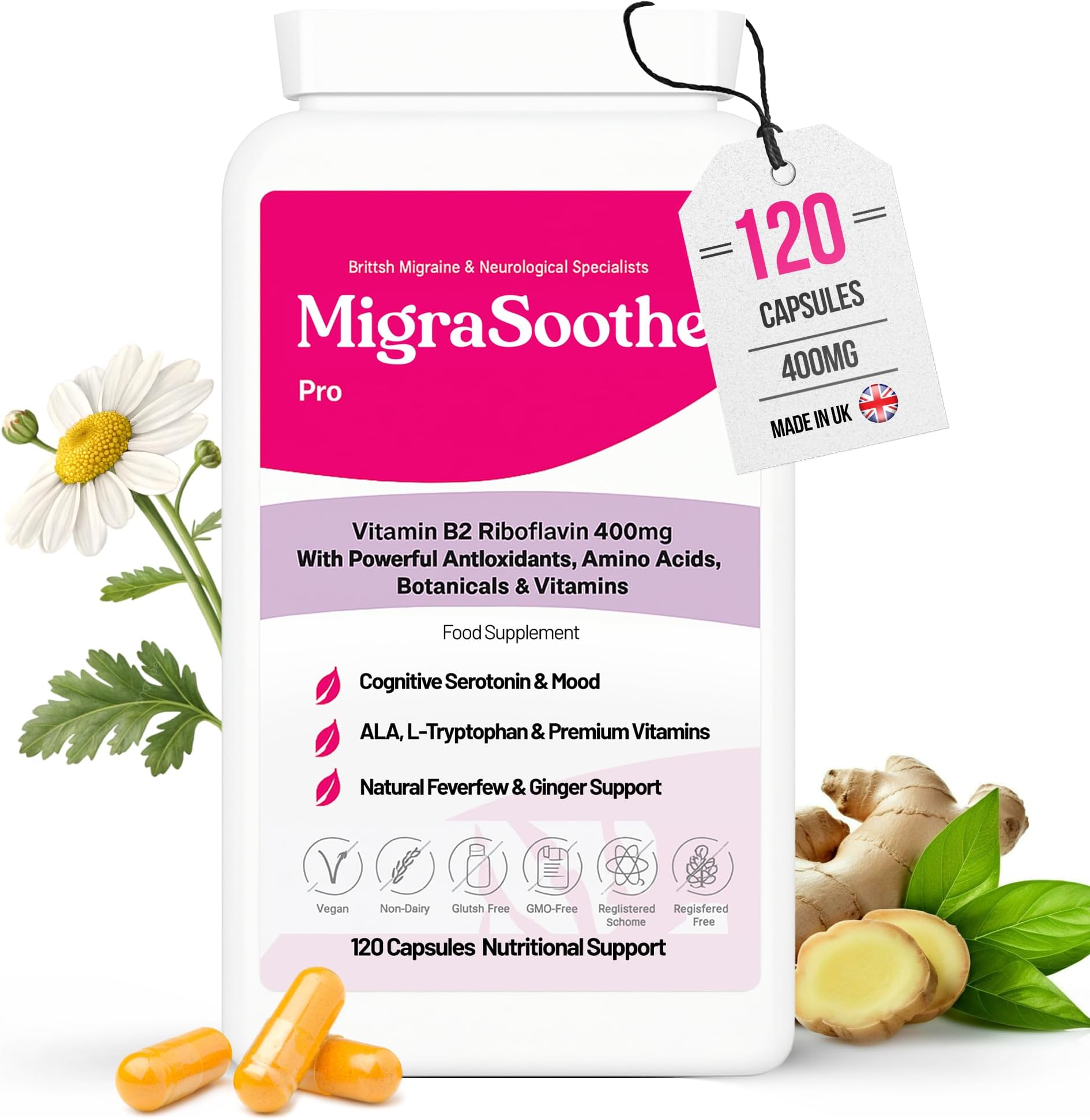 Pro-Plus Version Vitamin B2 Riboflavin 400 Mg & Serotonin & Brain Boosters Migraine Relief -Tryptophan, B6, B12 Folic MIGRASOOTHE-PRO Stress | Tremors | Mood | Energy Vegan Nice Recommended UK Made