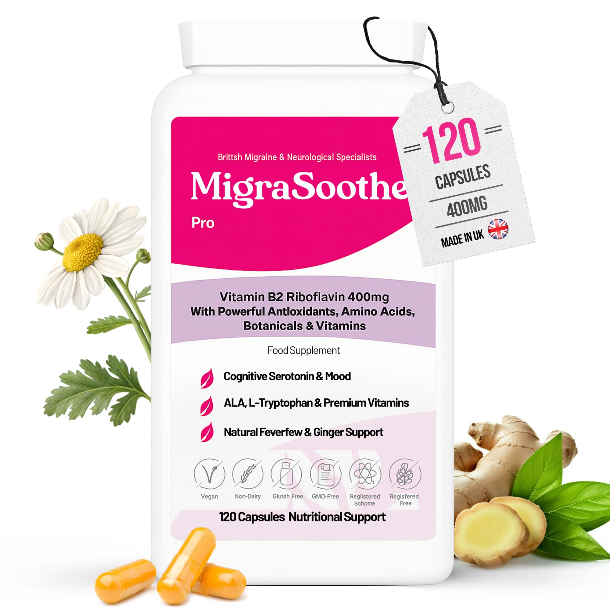 MigraSoothe Pro Version B2 Riboflavin 400 Mg & Migraine Relief Tryptophan, ALA Feverfew Ginger B6, B12 Folic | Tremors | Mood | Energy NHS Recommended UK