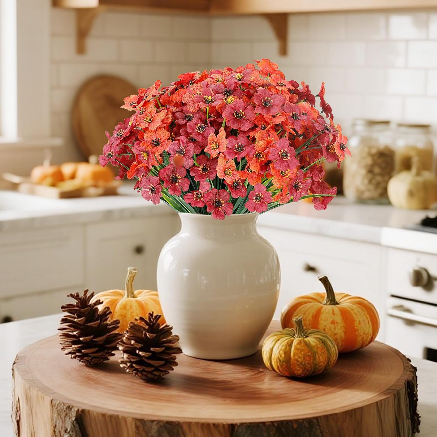 Artificial Mums for Outdoors, 26 Bundles Fake Fall Silk Flowers Outside UV Resistant, Faux Mums for Outdoor Planters, Basket, Window Box, Porch Decor (Orange+Wine Red