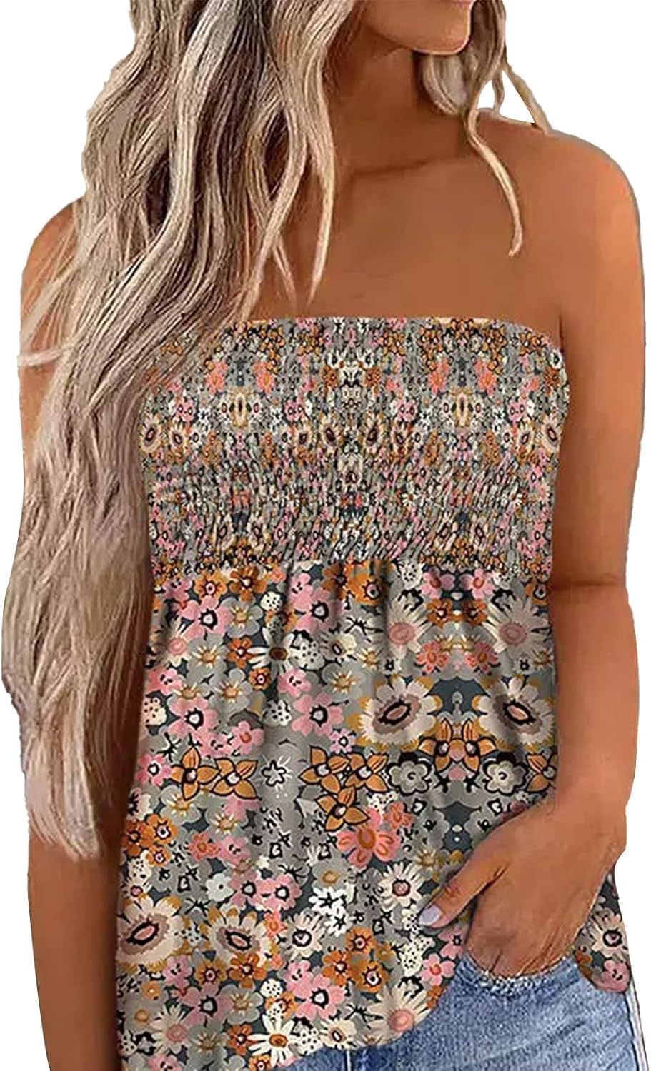 Womens Smocked Strapless Bandeau Tank Tops Floral Tube Tops Backless Bandeau Tunic Tops Sleeveless Shirts