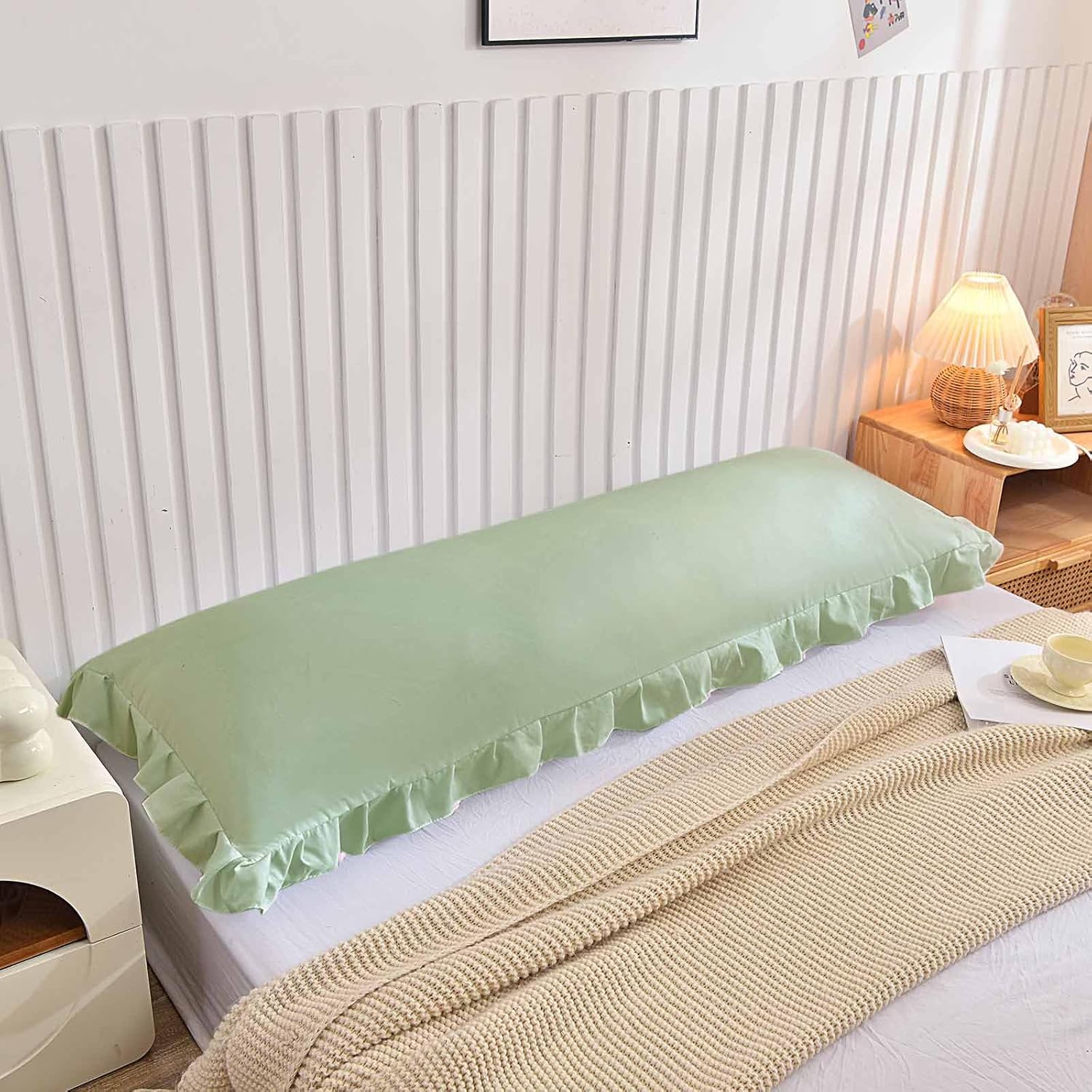 Nanko Body Pillow Case Cover 1 Pack 20x54, Sage Green Ruffled Boho Soft Shabby Chic Microfiber Long Decorative Pillow Covers/Pillow Shams, Comfortable Body Pillowcase for Women Men
