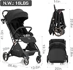 Gromast Poussette bébé pliante gravitationnelle - Poussette portative pour tout-petit avec dossier réglable & Canopie, légèreté et UV Poussette de voyage protégée, pliage automatique à une main - noir