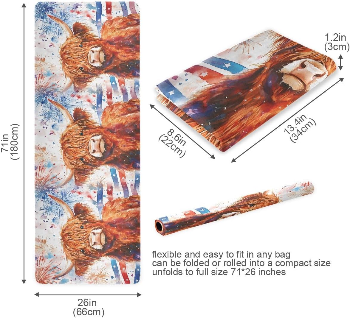 ALAZA Highland Cattle Fireworks American Flag Yoga Mat Non Slip Fitness Exercise Mat, Workout Mat for Yoga, Pilates and Floor Exercises