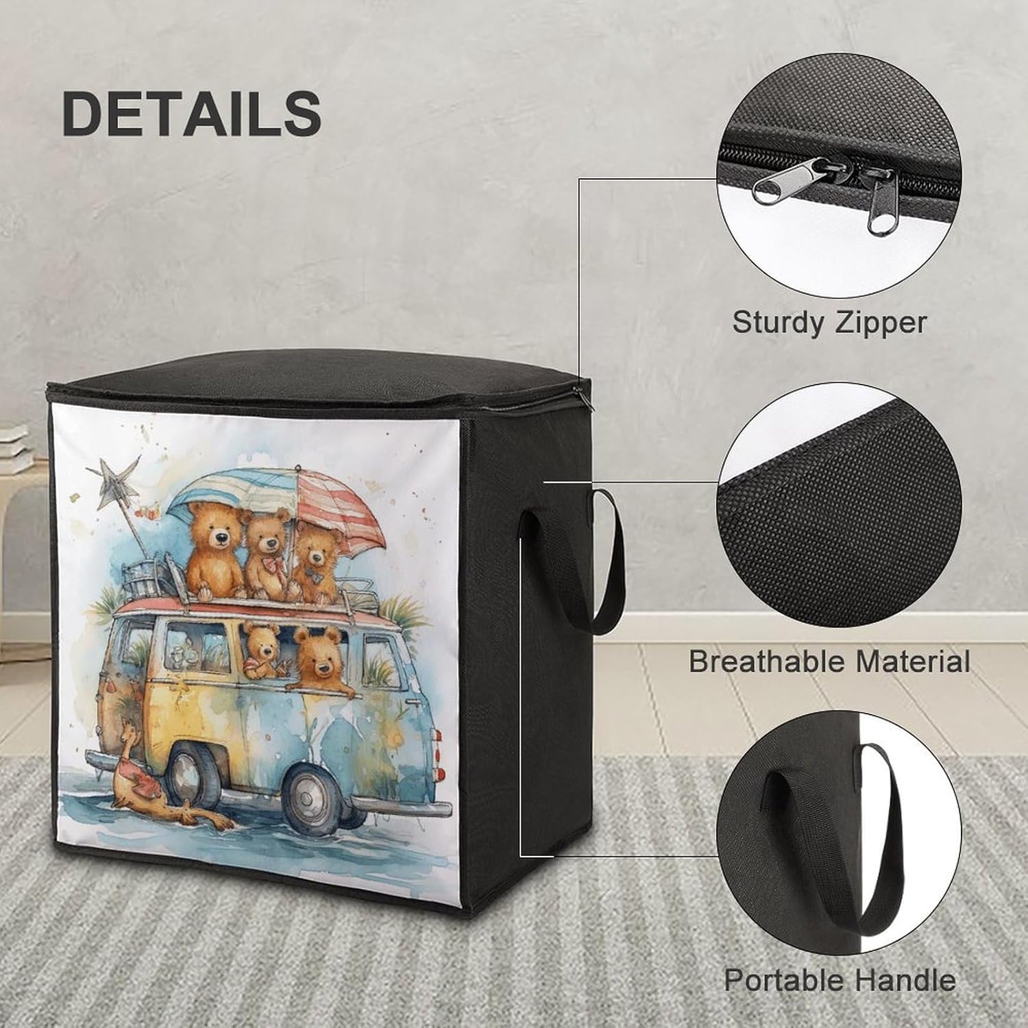 Portable Quilt Storage Bag,Truck And Bear Printed Foldable Wardrobe Storage Box Foldable Storage Bag with Lids And Handle Large Clothing Storage Bag for Comforters Clothes Blankets Pillows