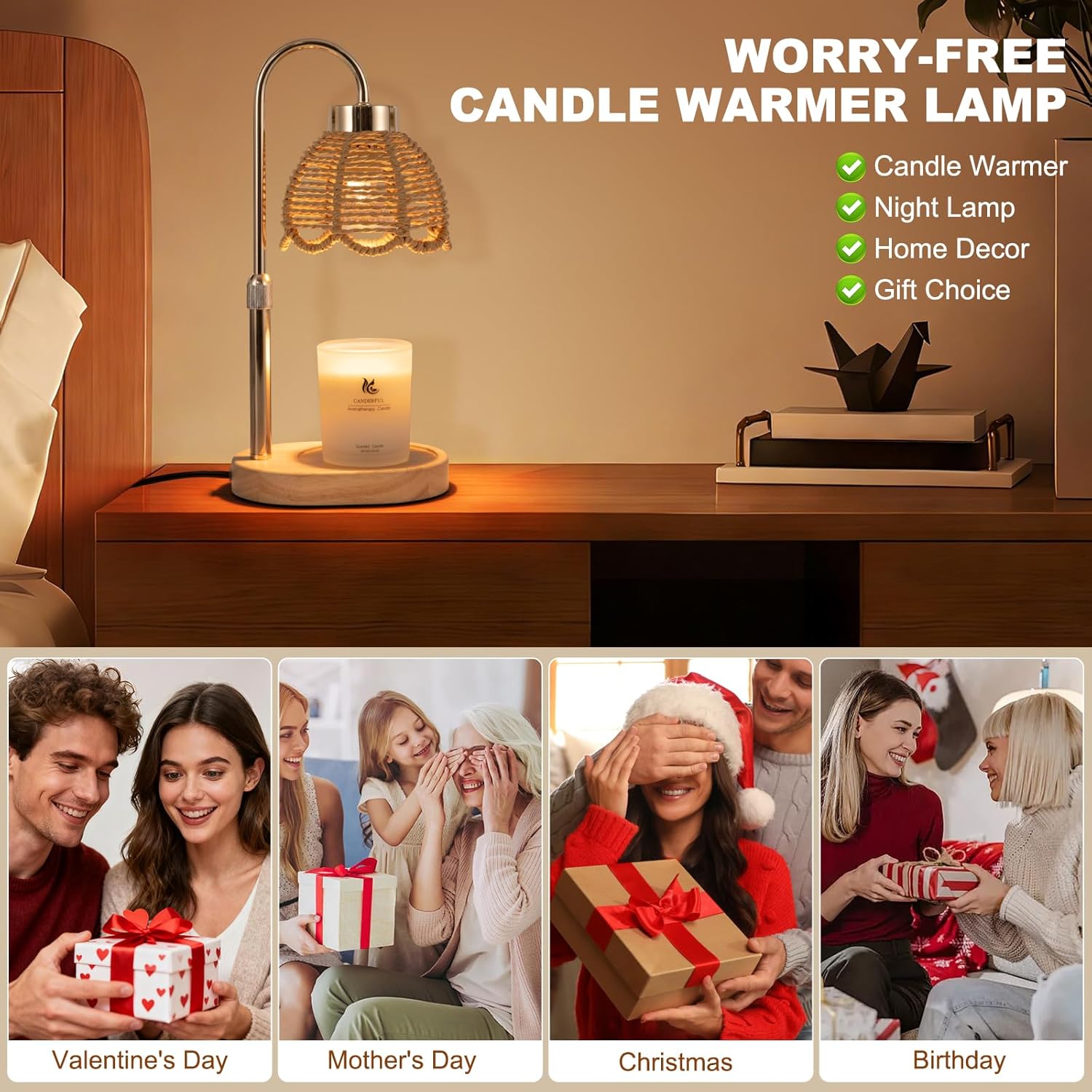 Candle Warmer Lamp, Stepless Dimming & Timer, Bohemian Style Wax Melting Device, Suitable for Home, Desk Decor, Bedroom, Mother's Day, Valentine, Birthday Gifts for Women (Gold)