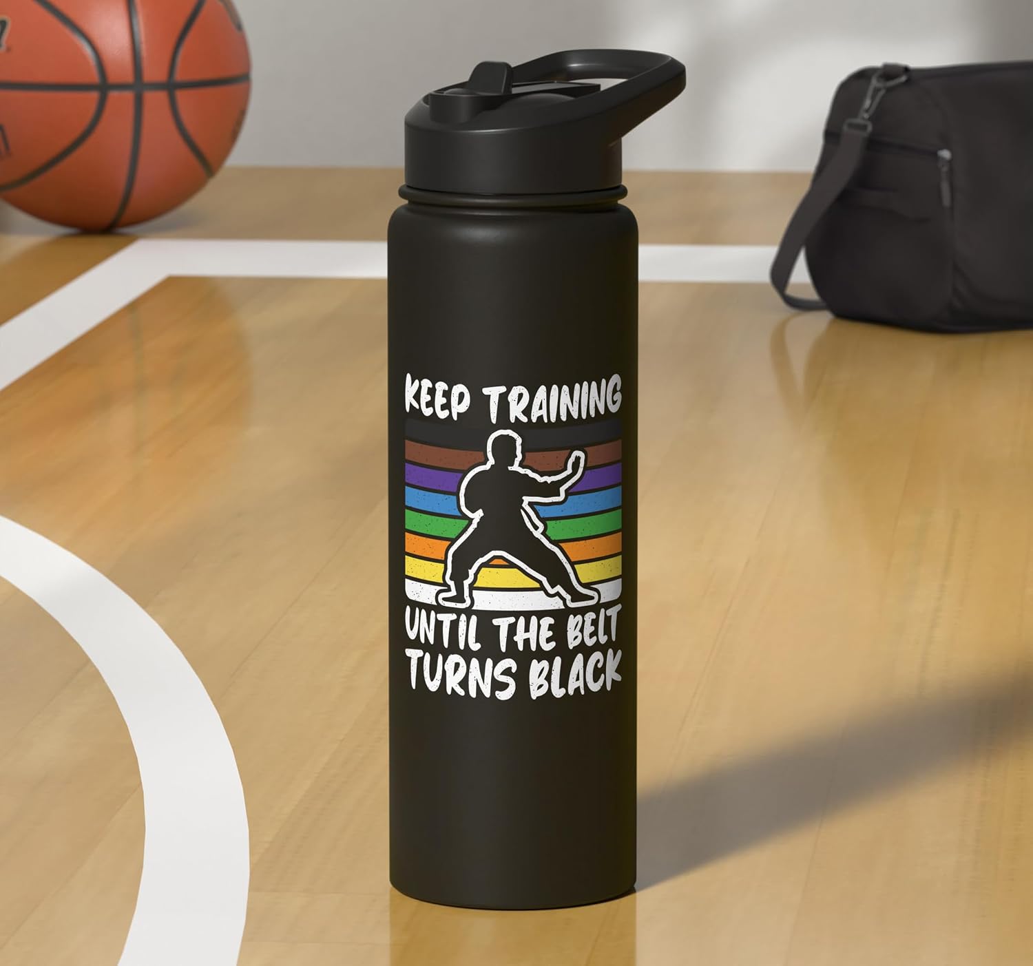 Keep Training Until The Belt Turns Black Karate Men Boys Stainless Steel Insulated Water Bottle