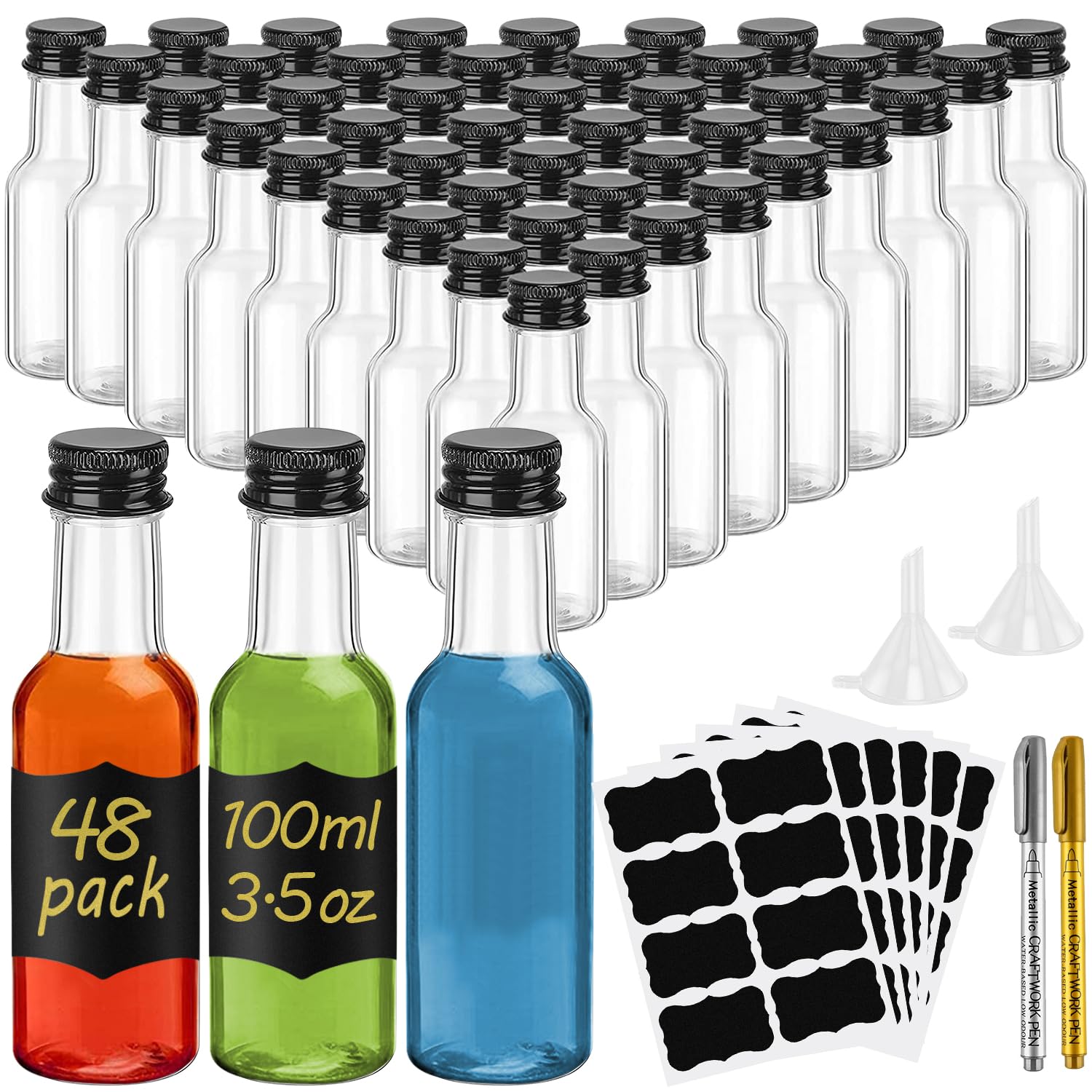 WenYa Confezione da 48 mini bottiglie di liquore, 100 ml, vuote, in plastica, con coperchi (tappi a vite neri a prova di perdite), riutilizzabili, in miniatura, con etichette, imbuto, per matrimoni e
