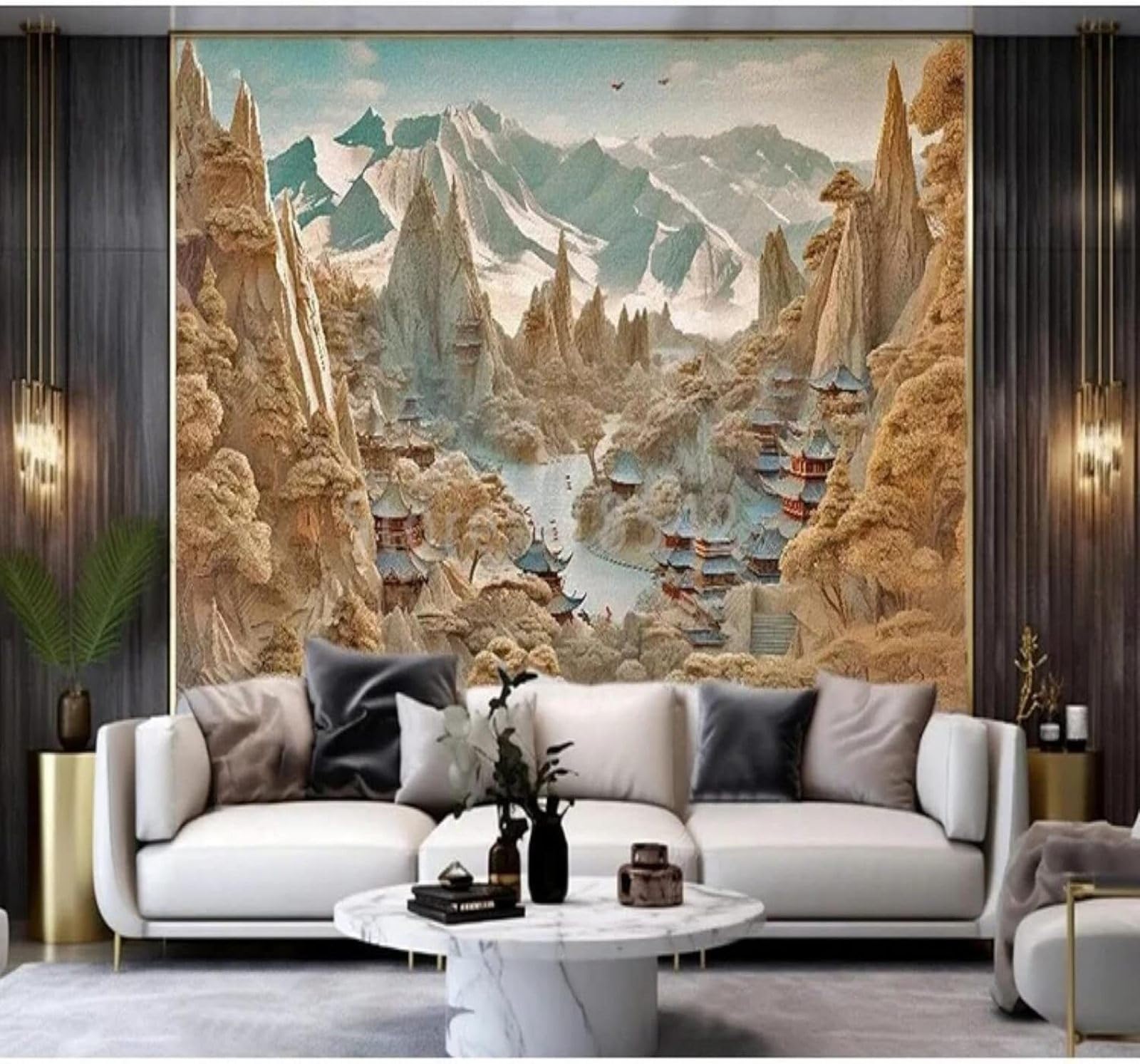 Tzxztt Relief Three Dimensional Valley Architecture Landscape Modern 3D Wallpaper Premium Textured Silk Neutral Tones Material Ideal for Living Room Bedroom-350cm×256cm