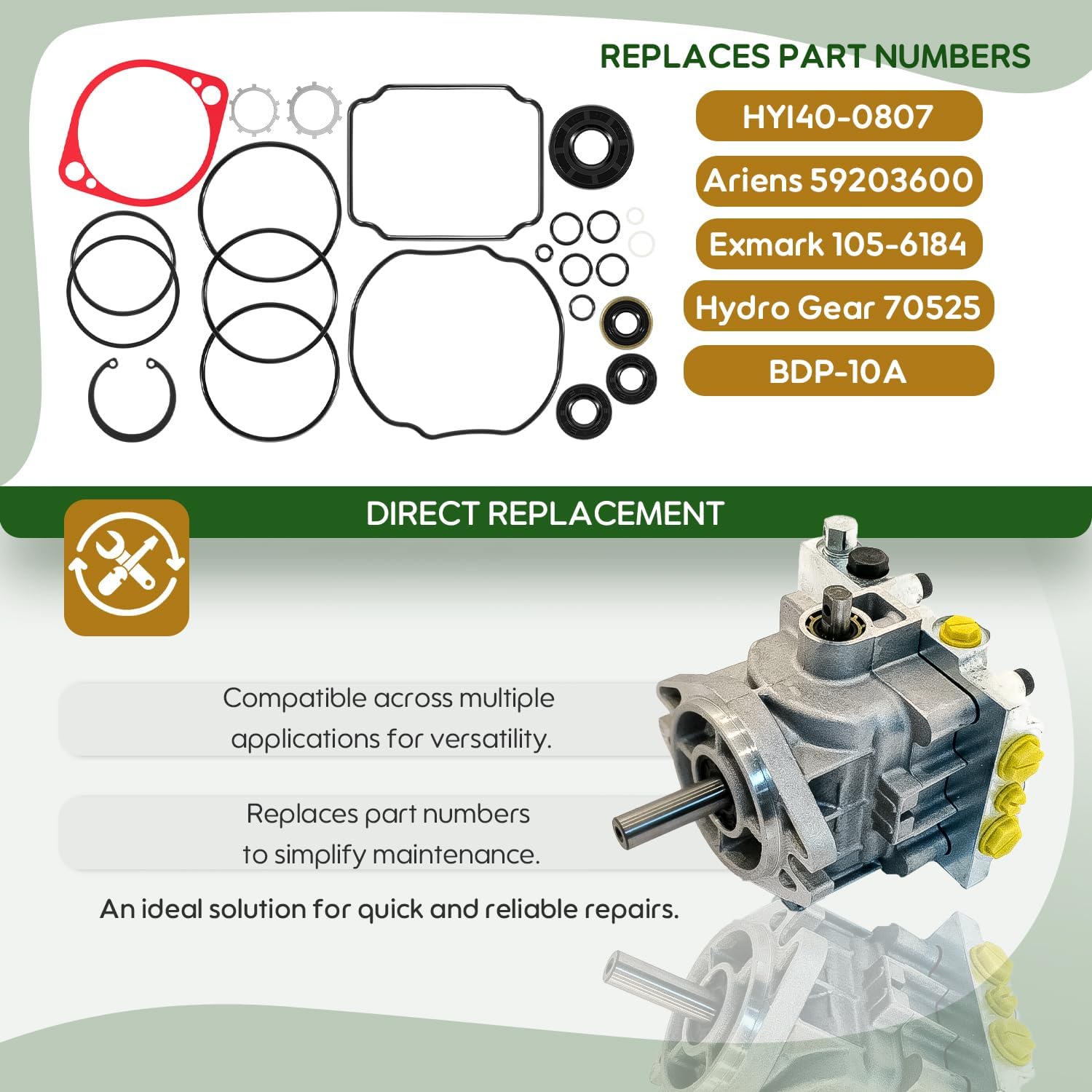 70525 BDP-10A Pump Overhaul Seal Kit, Replacement for Hydro-Gear, Fits for Ariens Models, Fits for Exmark Models, Replacement for HYI40-0807, 59203600, 105-6184, with Seals & Gaskets
