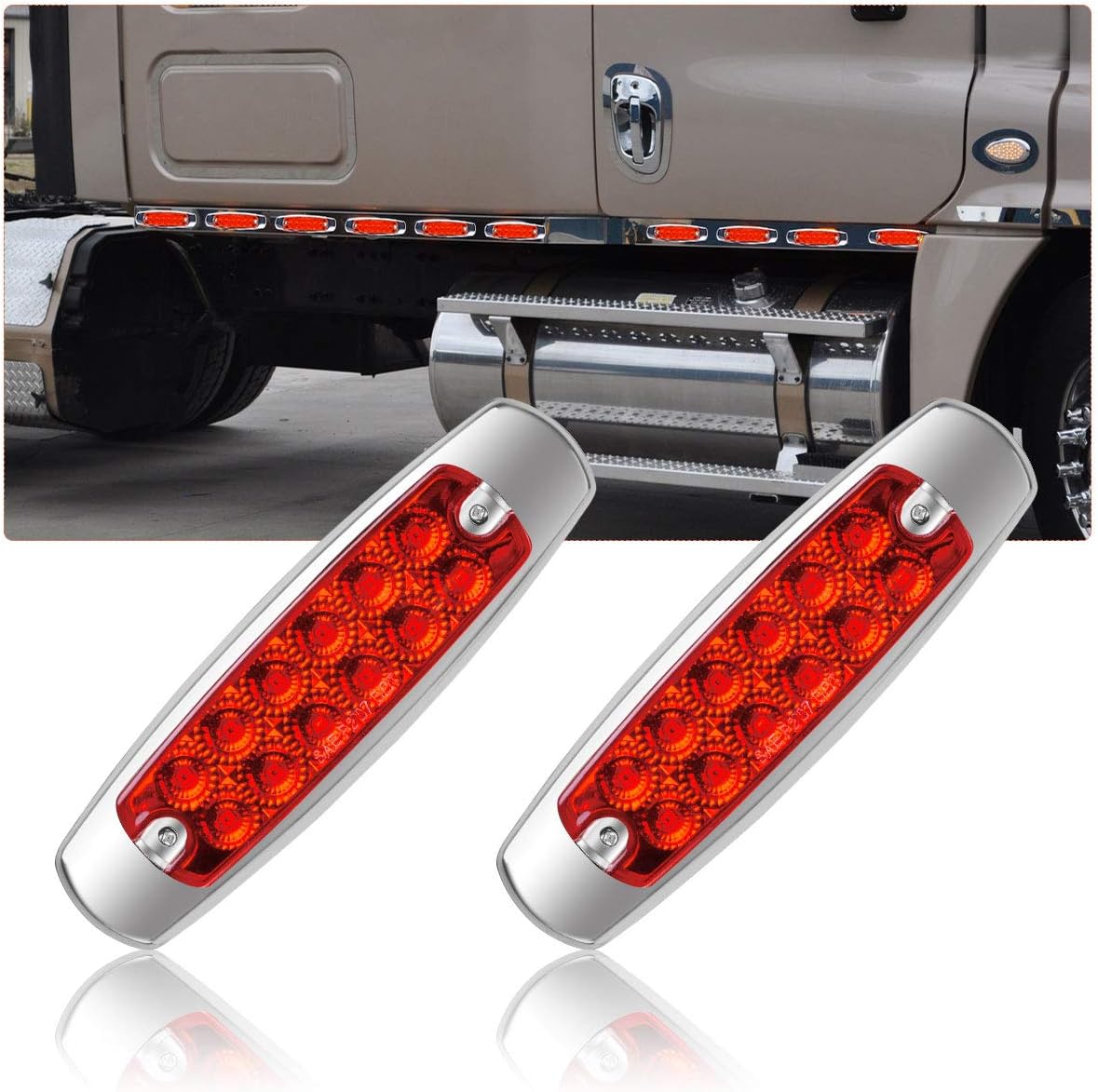 YITAMOTOR Trailer Side Marker Lights, 2 x Red Trailer Clearance Lights with Stainless Steel Trim, Surface Mount 12-SMD-LED Sealed Side Marker Lights