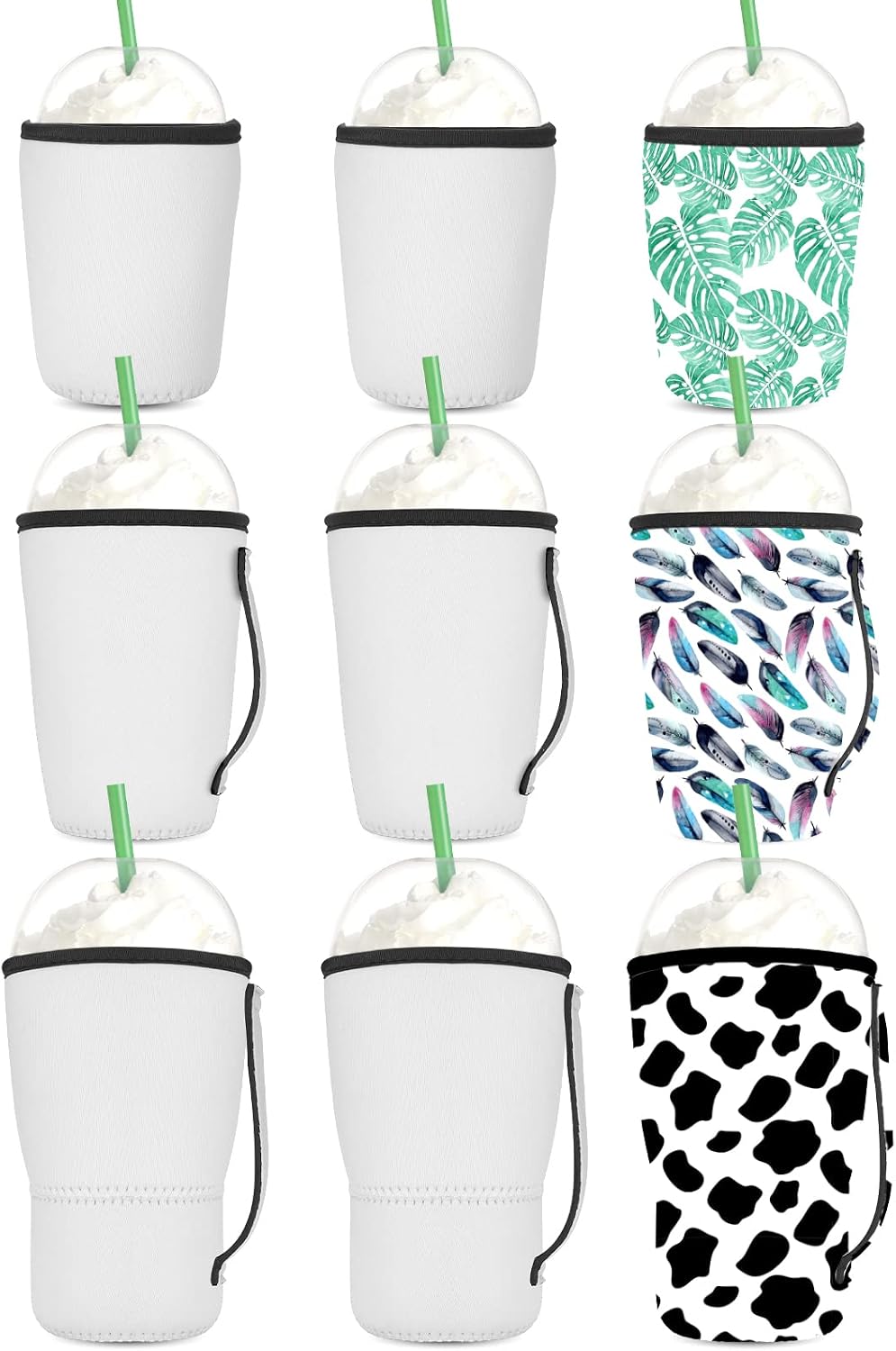 OFFNOVA 9 Pack Sublimation Blank Coffee Sleeve, Reusable 3-size Neoprene Sleeves with Handle, 16-32oz cover for Starbucks Coffee, McDonalds, Dunkin Donuts, More