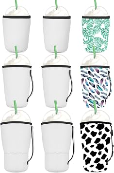 OFFNOVA 9 Pack Sublimation Blank Coffee Sleeve, Reusable 3-size Neoprene Sleeves with Handle, 16-32oz cover for Starbucks Coffee, McDonalds, Dunkin Donuts, More