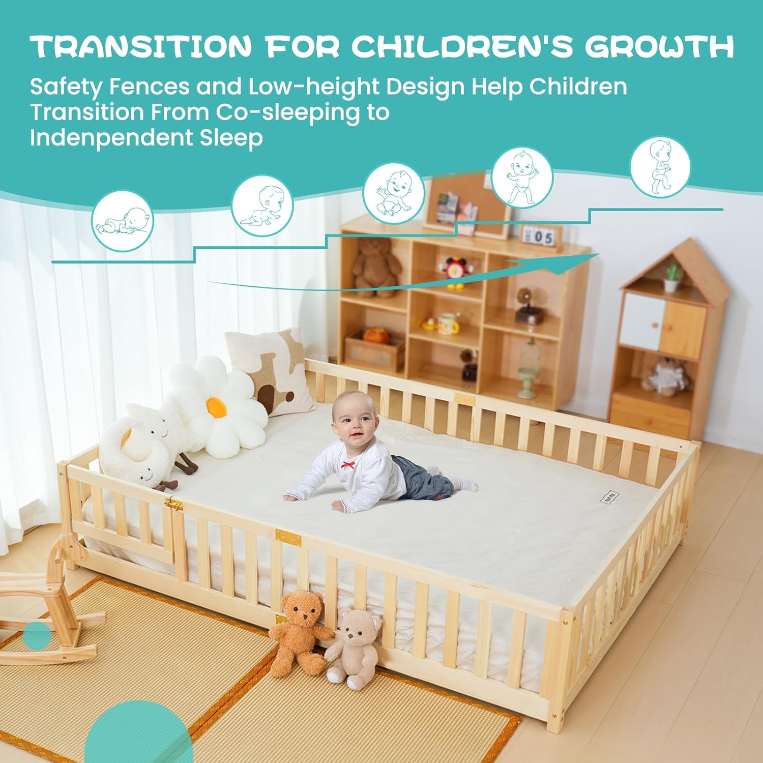 DoCred Montessori Toddler Floor Bed for Kids - Twin Size Wood Floor Bed w/Slats & Fence for Girls and Boys, Montessori Bed Frame, Natural