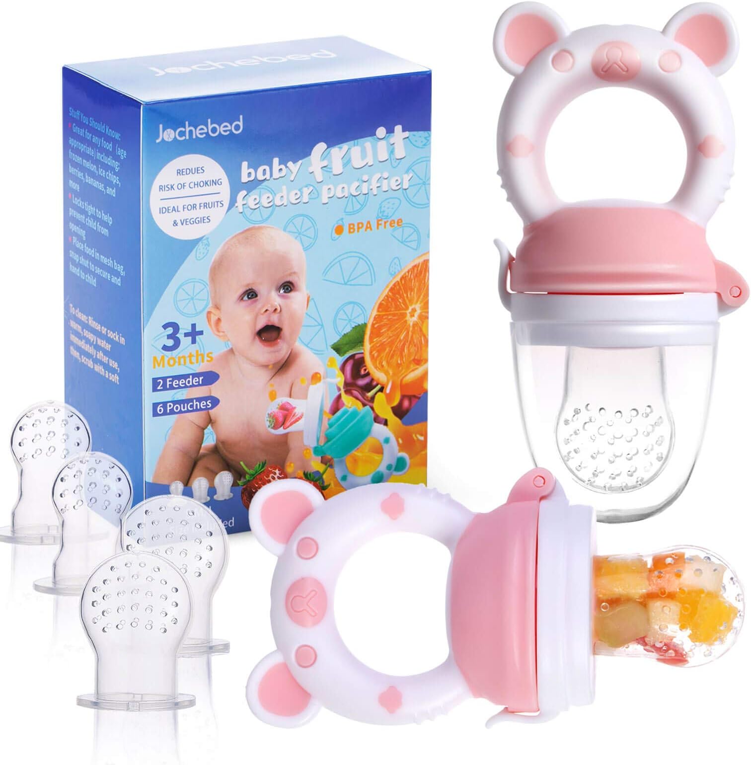 Baby Fruit Food Feeder Pacifier - Fresh Food Feeder, Infant Fruit Teething Teether Toy for 3-24 Months, 6 Pcs Silicone Pouches for Toddlers & Kids & Babies, 2-Pack (Light Pink)
