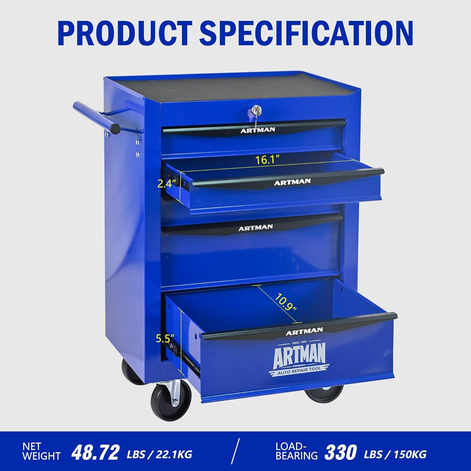 5 Drawers Tool Cart on Wheels, Multifunctional Rolling Tool Chest, Drawers Mobile Trolley Organizer Heavy Duty Tools Box with Locking Wheels & Ball Bearing Drawers (Blue, 5 Drawers)