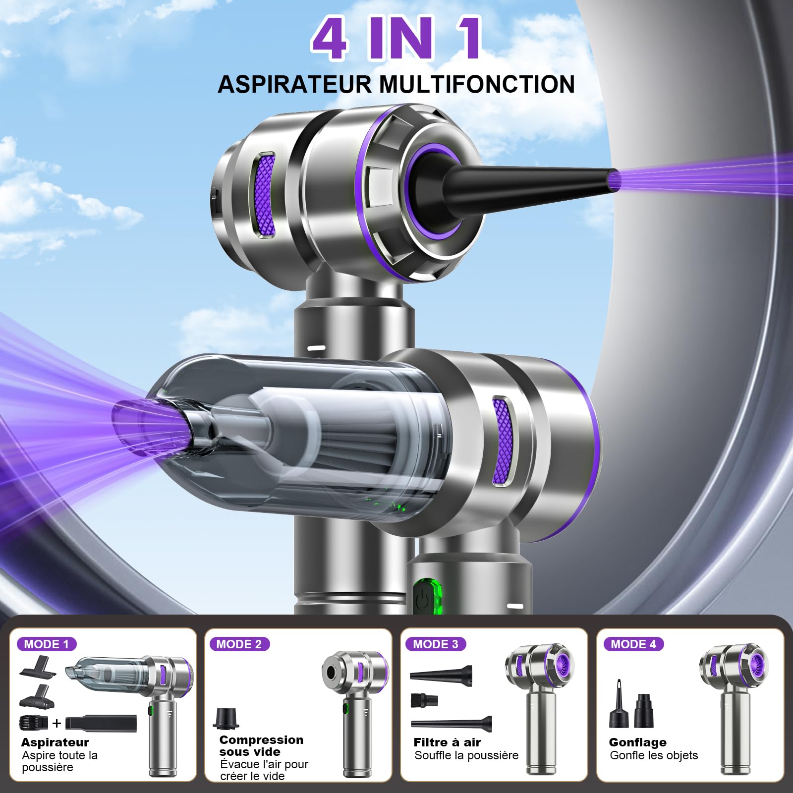Aspirateur Voiture 4 en 1 Puissant 28000 PA Aspirateur à Main sans Fil 3 Vitesses 240 000 TR/Min pour Voiture, Cuisine, PC, canapé, Bureau, Maison et Nettoyage des Poils d'animaux