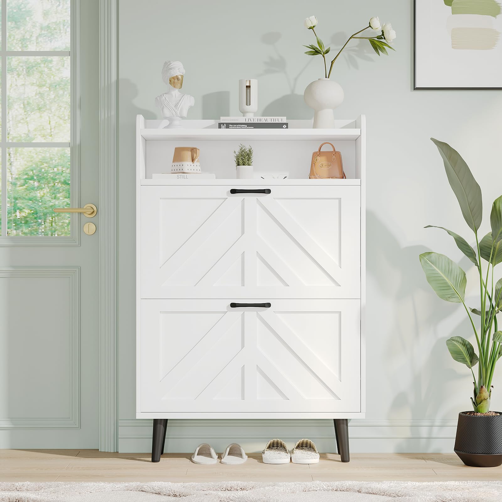 VOWNER Zapatero Entrada Recibidor Estrecho, Mueble Zapatero Blanco con 2 Puertas Abatibles y Estantes Ajustables, Organizador de Zapatos de Madera con Patas Elevadas para Pasillo, 75 x 24 x 113 cm
