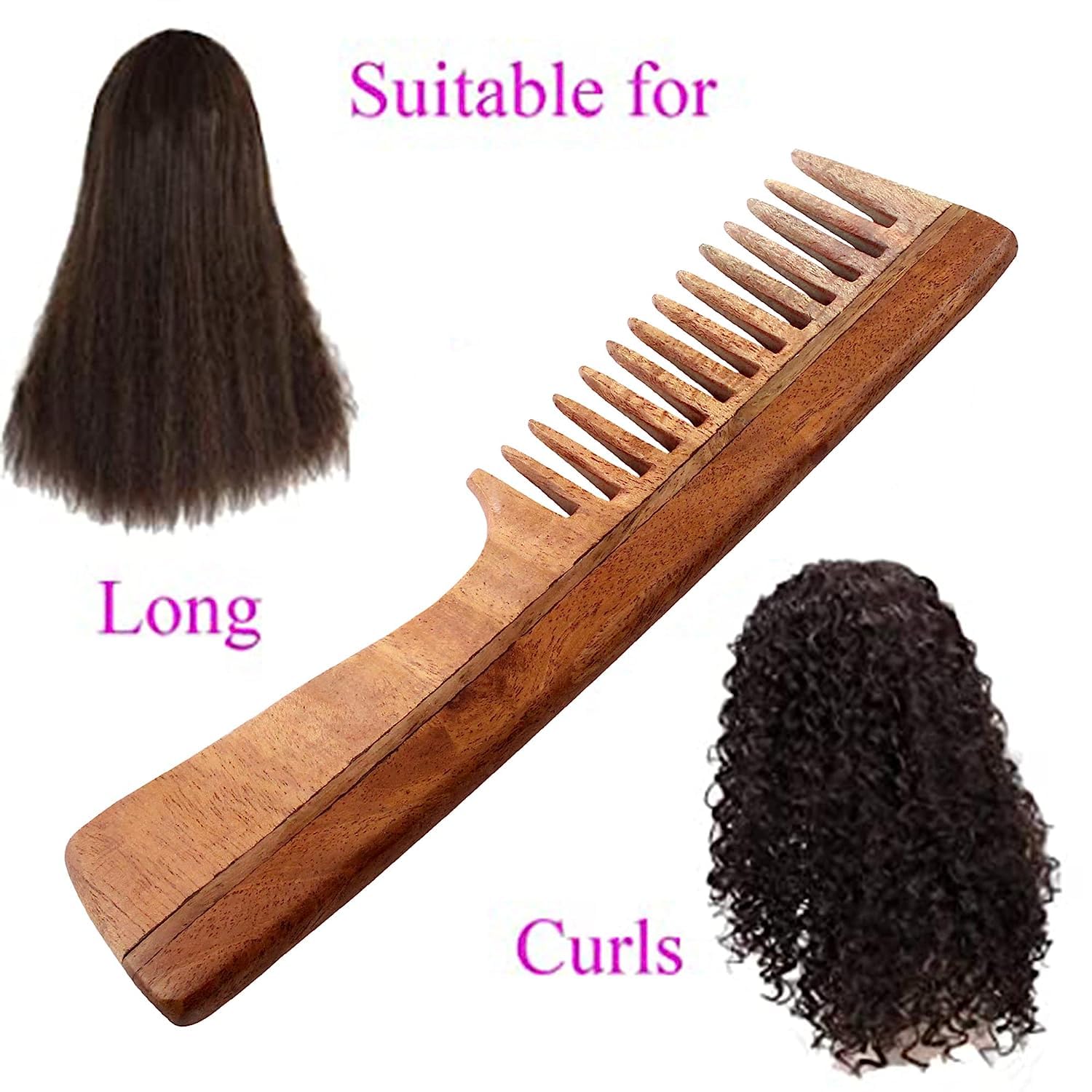 THE Unltd India Handmade Kacchi Neem Wood Comb with Handle, Brown, 7 Inch - Image 3