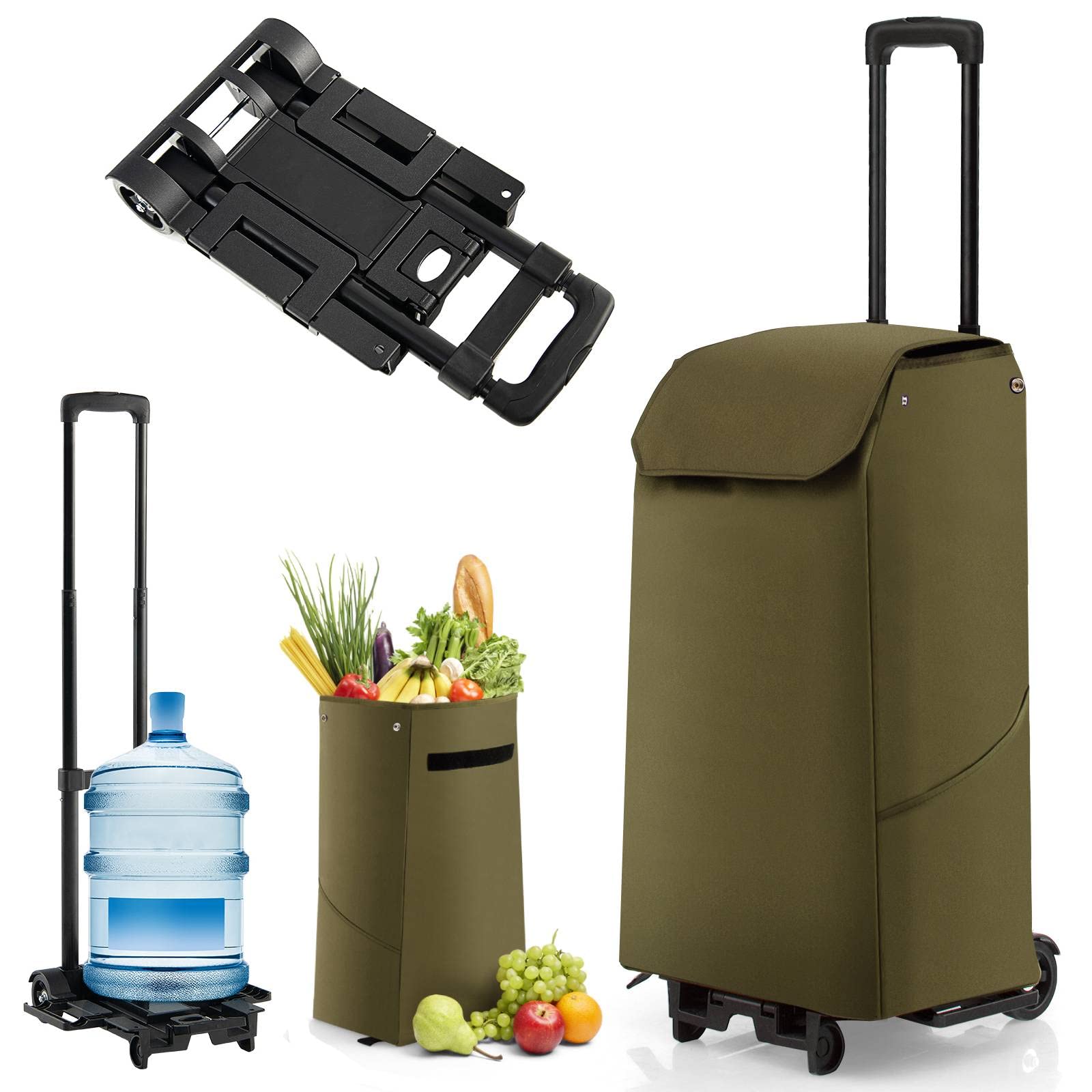 COSTWAY 2 in 1 Foldable Shopping Trolley, 3 Height Adjustable Portable Shopping Cart on Wheels with Bottom Extendable Design & Detachable Bag, Supermarket Rolling Grocery Bag/Hand Tuck (Olive Green)