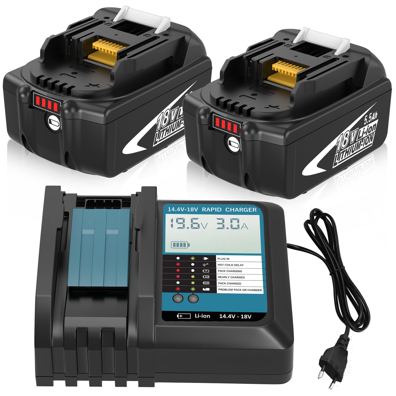 2 x 5500 mAh BL1860B - Batería de repuesto para batería de 18 V con cargador para pantalla LCD DC18RF BL1850B BL1840 BL1860 BL1850 BL1830 BL1835 BL1845 BL1850 194205-3 LXT-400 DC1830 RD DC18 RCT con