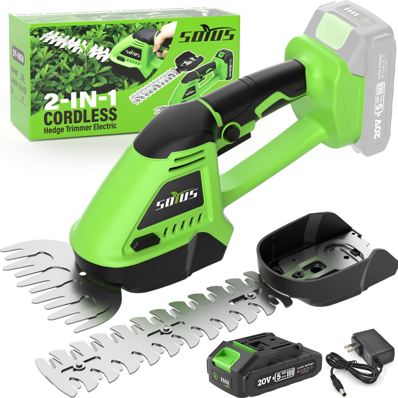 SOYUS Hedge Trimmer Cordless, 2-in-1 Handheld Hedge Trimmers, 20V Electric Grass Shear & Shrubbery Trimmer, Battery Operated Grass Cutter for Garden/Lawn with Charger and Battery