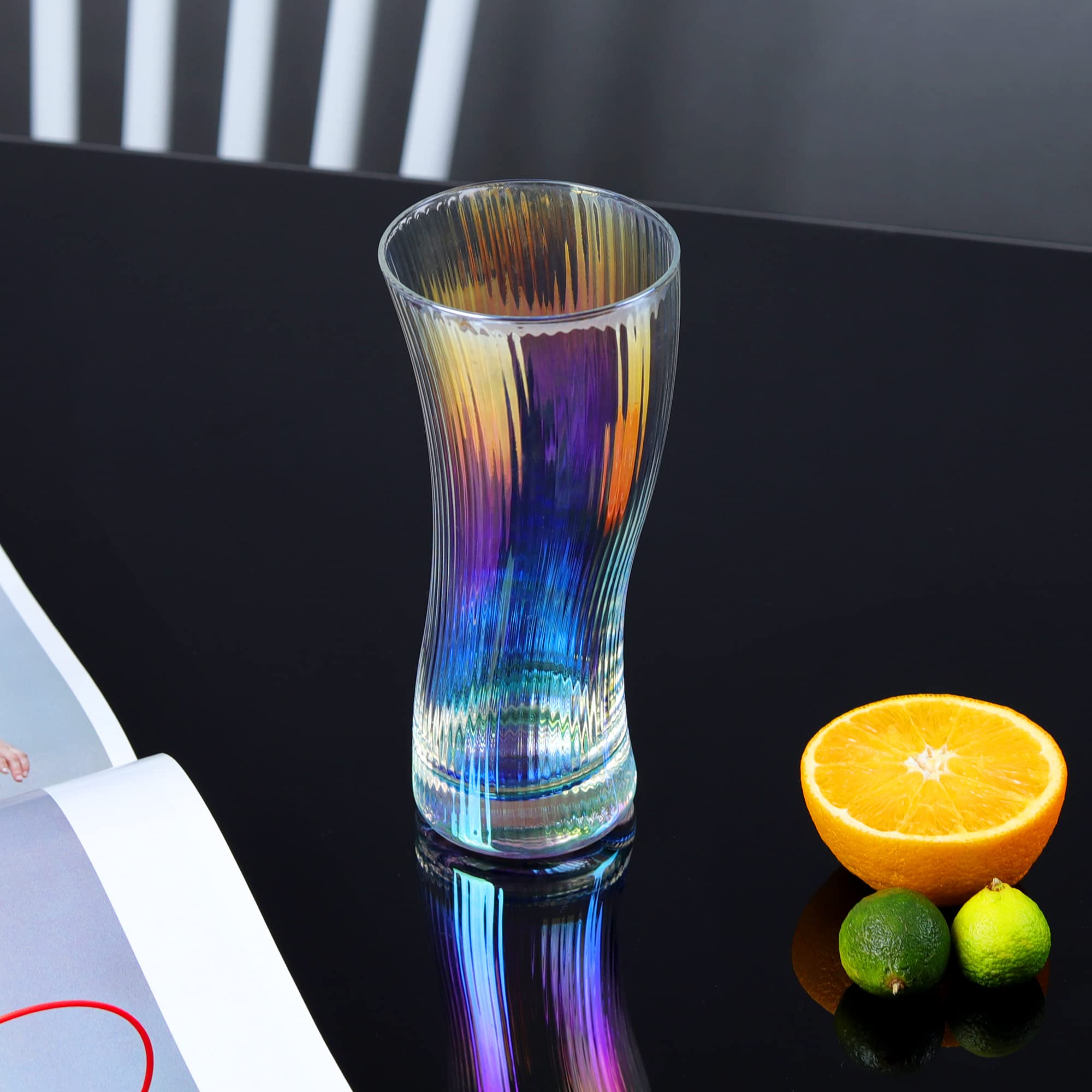 Joeyan 380ml Vasos de Agua,Juego de 4 Iridiscentes Jugo Tumbler,Elegante Vasos Acanalados de Colores para Cócteles, Bebidas Mixtas, Cerveza,en Casa, Restaurante y en Fiestas,Apto para Lavavajillas