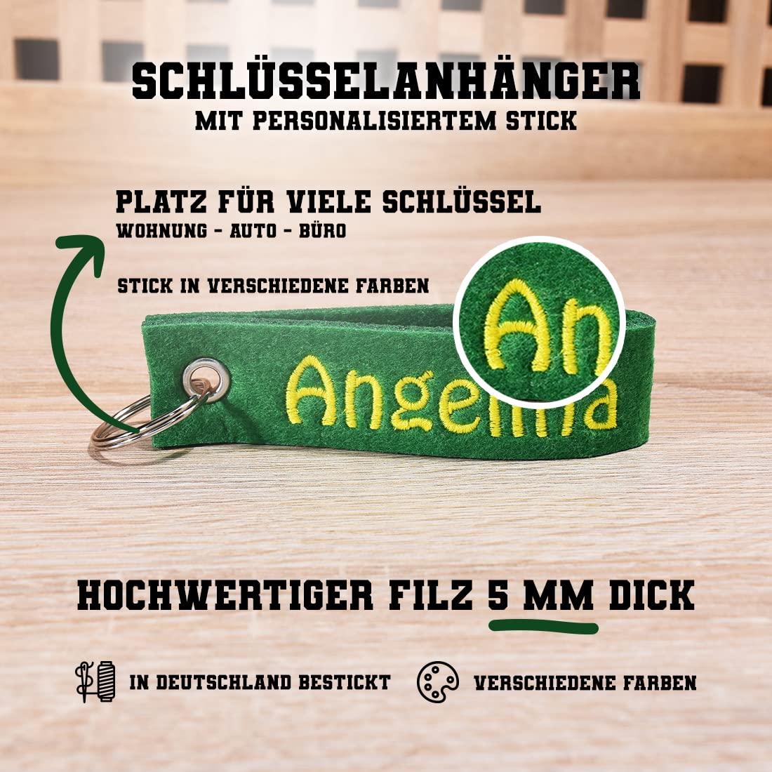 Portachiavi In Feltro Personalizzato Con Ricamo - Verde - Regalo Unico Fatto In Germania - Portachiavi Originale Per Casa E Auto - 5