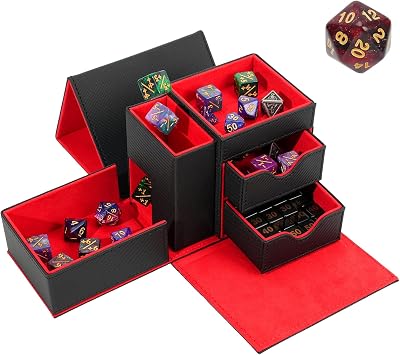 Dice Tray & Dice Tower Storage Box, 3 in 1 Dice Holder Case Dice Rolling Tray, Dice Rolling Tower, Dice Storage Drawers, Leather Magnetic Closure DND Accessories Gifts for RPG MTG, Black/Red
