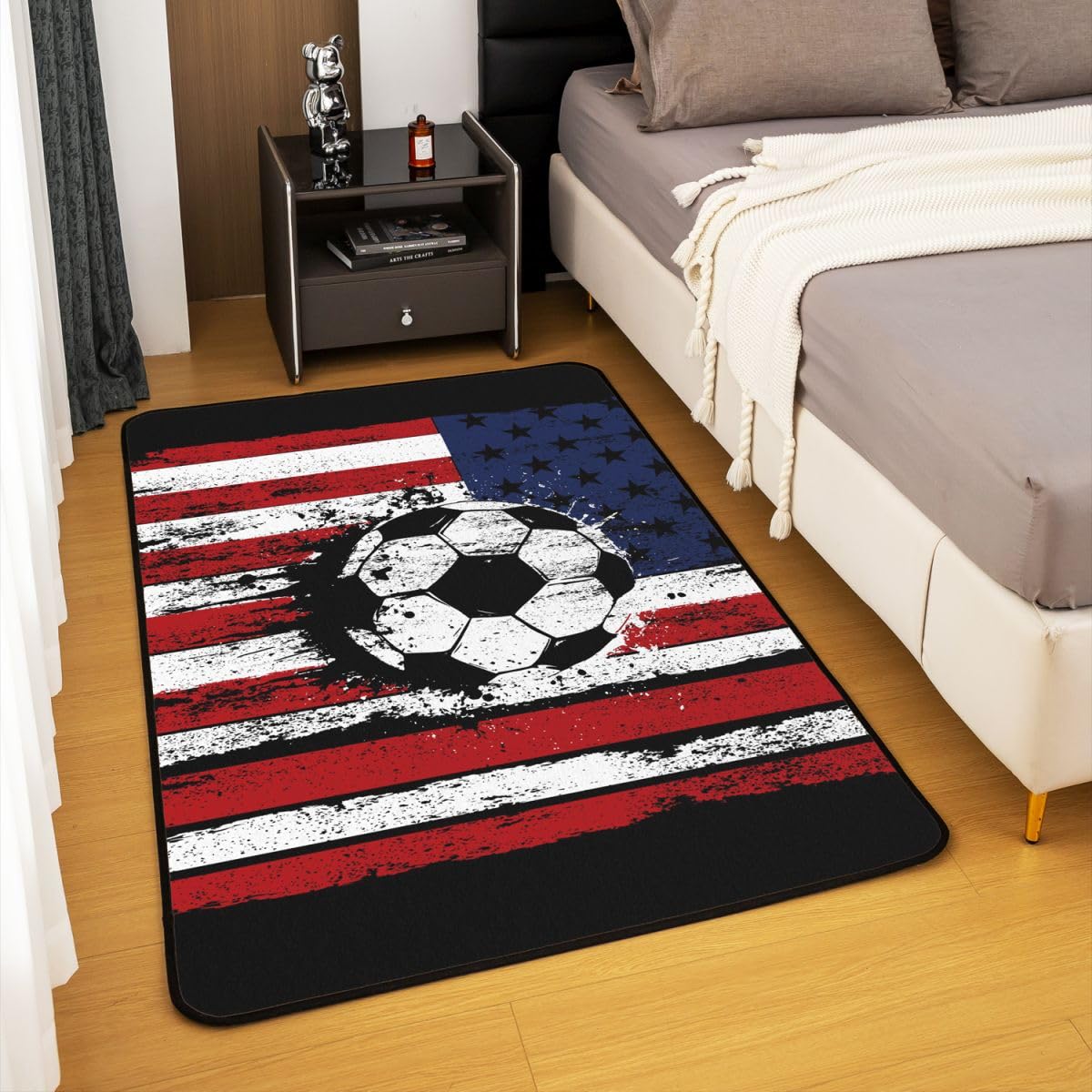 Homemissing Tappeto per area di calcio, 150 x 200 cm, con stampa bandiera americana, per soggiorno, camera da letto, camera da letto, calcio, videogiochi, con retro antiscivolo, tappetino per interni