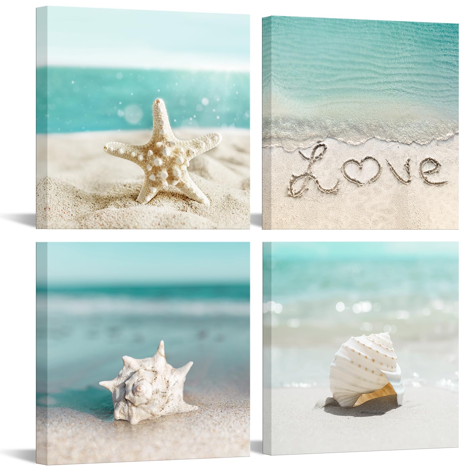 iKNOW FOTO 4 Pieces Wall Art Canvas Prints - Seashell, Starfish, Beach Picture, 12x12'' Each, Modern Artwork Framed for Bathroom, Home, Kitchen,