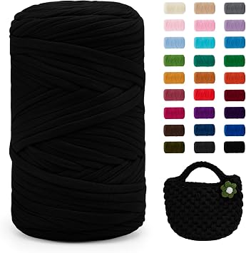 JeogYong T-Shirt Yarn, 400g/131 Yards Elastic Fabric Crochet Cloth T Shirt Yarn, Thick Hand Knitting Polyester Fabric Ribbon for Crocheting Bags/Baskets/Rugs, Home Decor, DIY Crafts Black