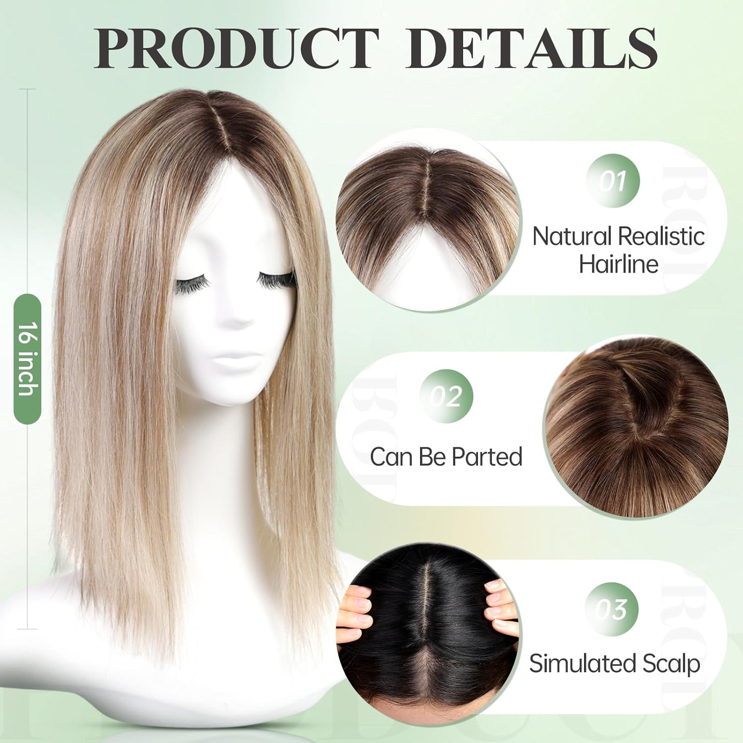 starluck 16 inch Hair Toppers for Women 7"*8" Large Base Light Brown with Blonde Highlight Real Human Hair Topper No Bangs HairToppers for Women with ThinningHair Cover Gray Roots Add Volume