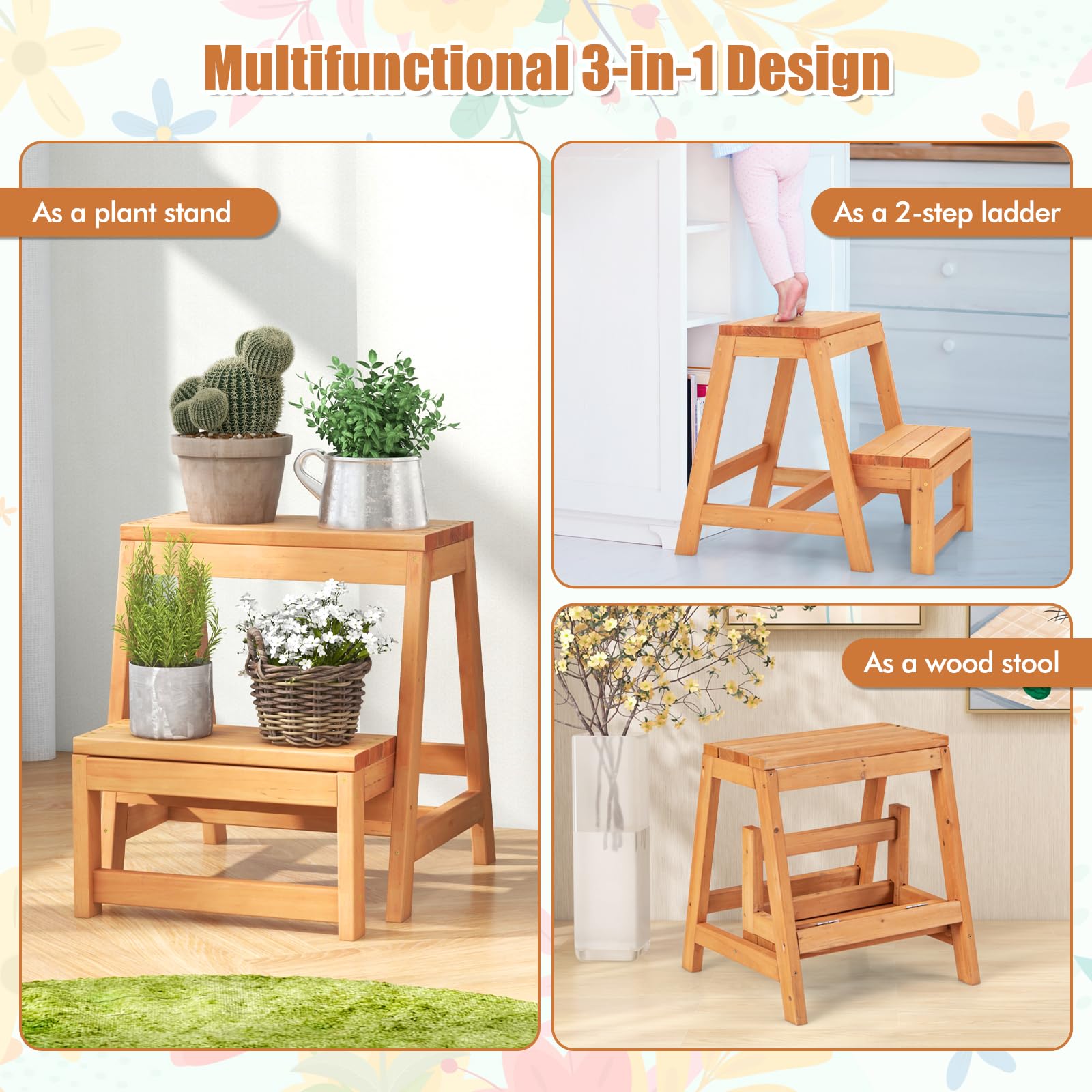 GIANTEX Klapptritt mit 2 Stufen, Tritthocker aus Tannenholz, Pflanzenständer aus Tannenholz, Klapphocker für Kinder, Erwachsene, maximale Belastung 250 kg, 50 x 39 x 45 cm, Natur
