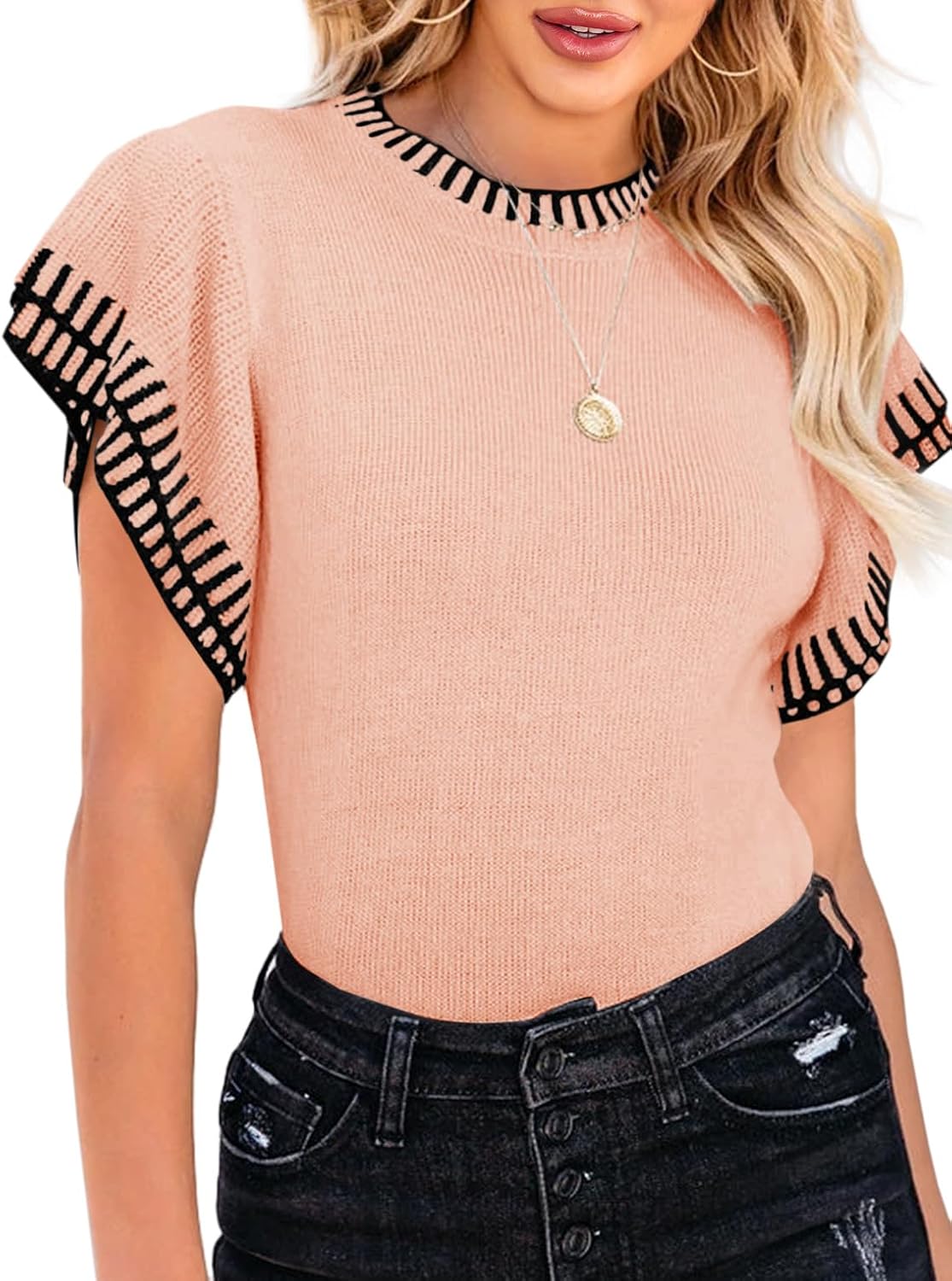Saodimallsu Womens Short Sleeve Sweaters Tops Summer Ruffle Striped Loose Crew Neck Lightweight Soft Shirts Knit Sweater