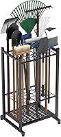 Sttoraboks Garden Tool Organizer Rack - Heavy Duty Steel Tower Holds 35 Long-Handled Tools, Rakes, Brooms for Garage Shed Outdoor Storage Black