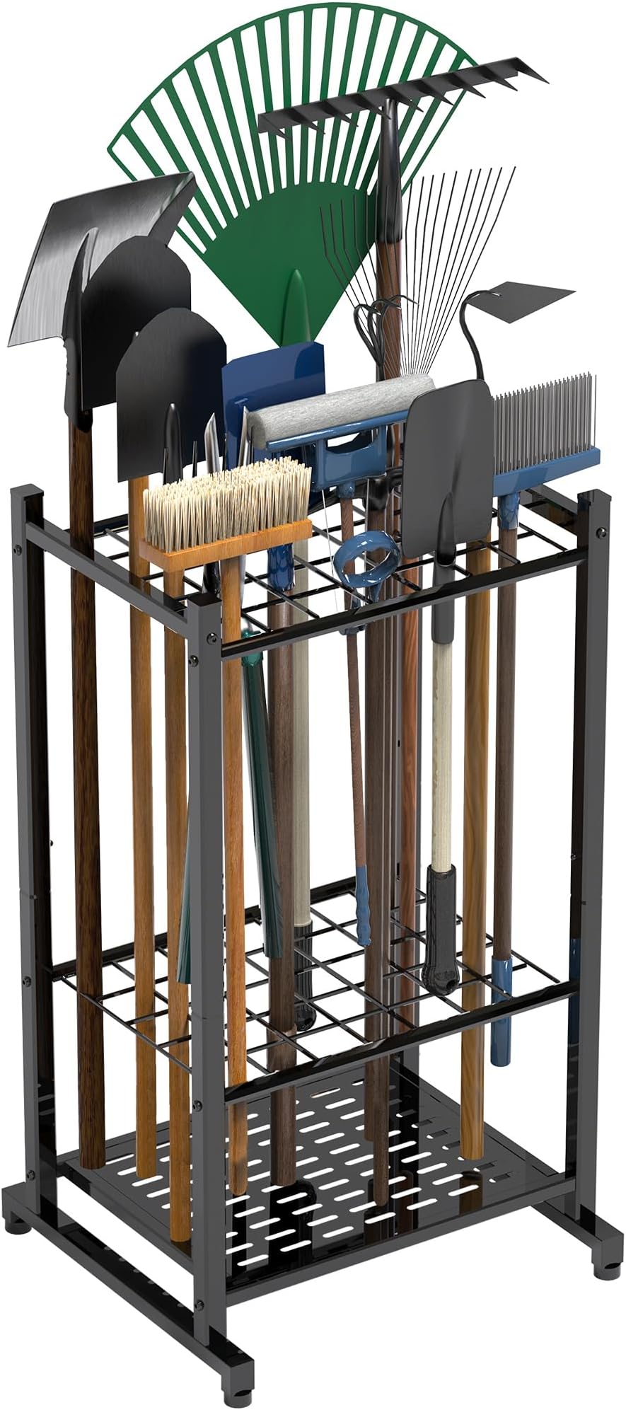 Garden Tool Organizer, Yard Tool Tower Rack for Garage Organization and Storage, Up to 35 Long-Handled Tools/Rakes/Brooms, Heavy Duty Steel Garden Tool Stand for Shed, Outdoor, Black