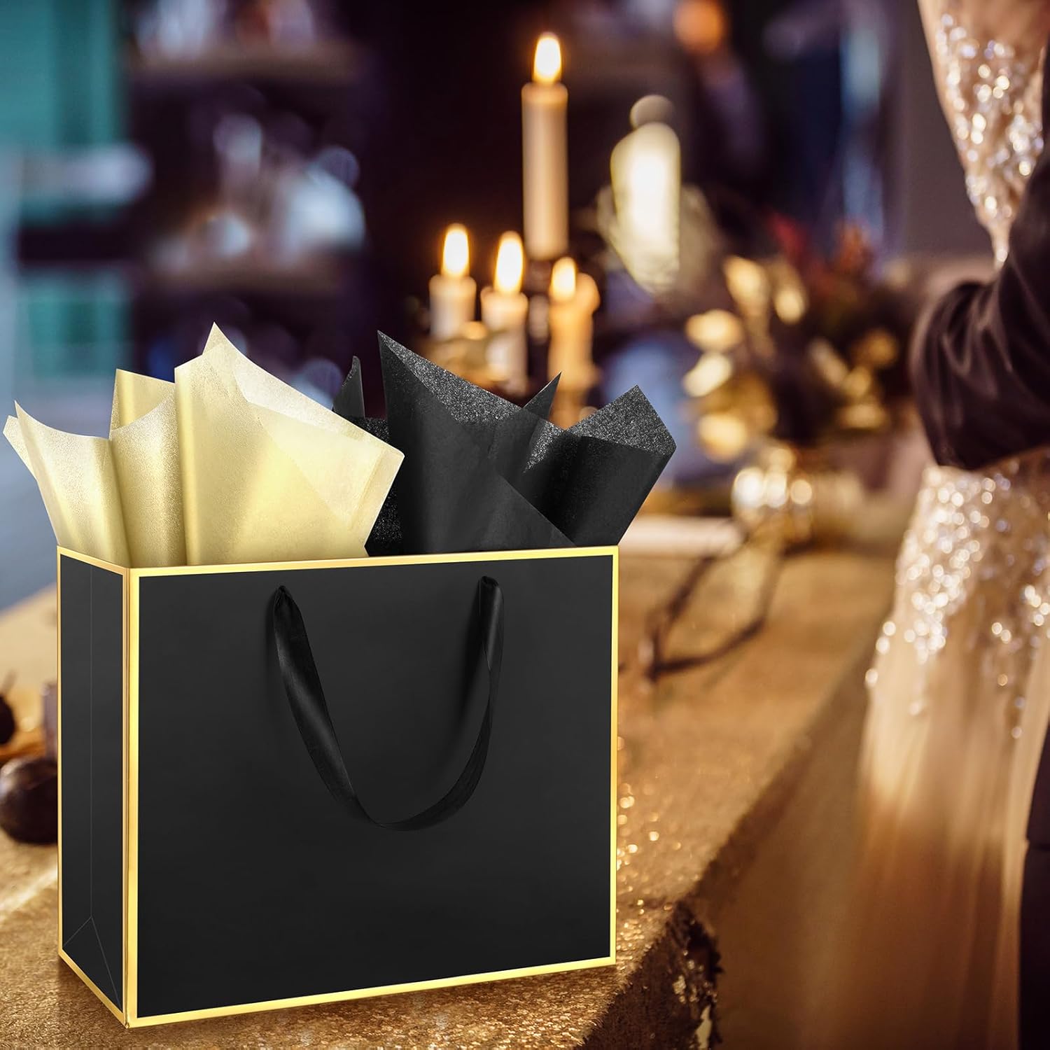 ReliThick 12 Pack Metallic Paper Gift Bag with Handles and Tissue Paper 11.8 x 10 x 4'' Thank You Favor Bag for Valentine's Day Wedding Bridesmaid Groomsman 5 Senses Gifts (Black,Gold) - Image 7