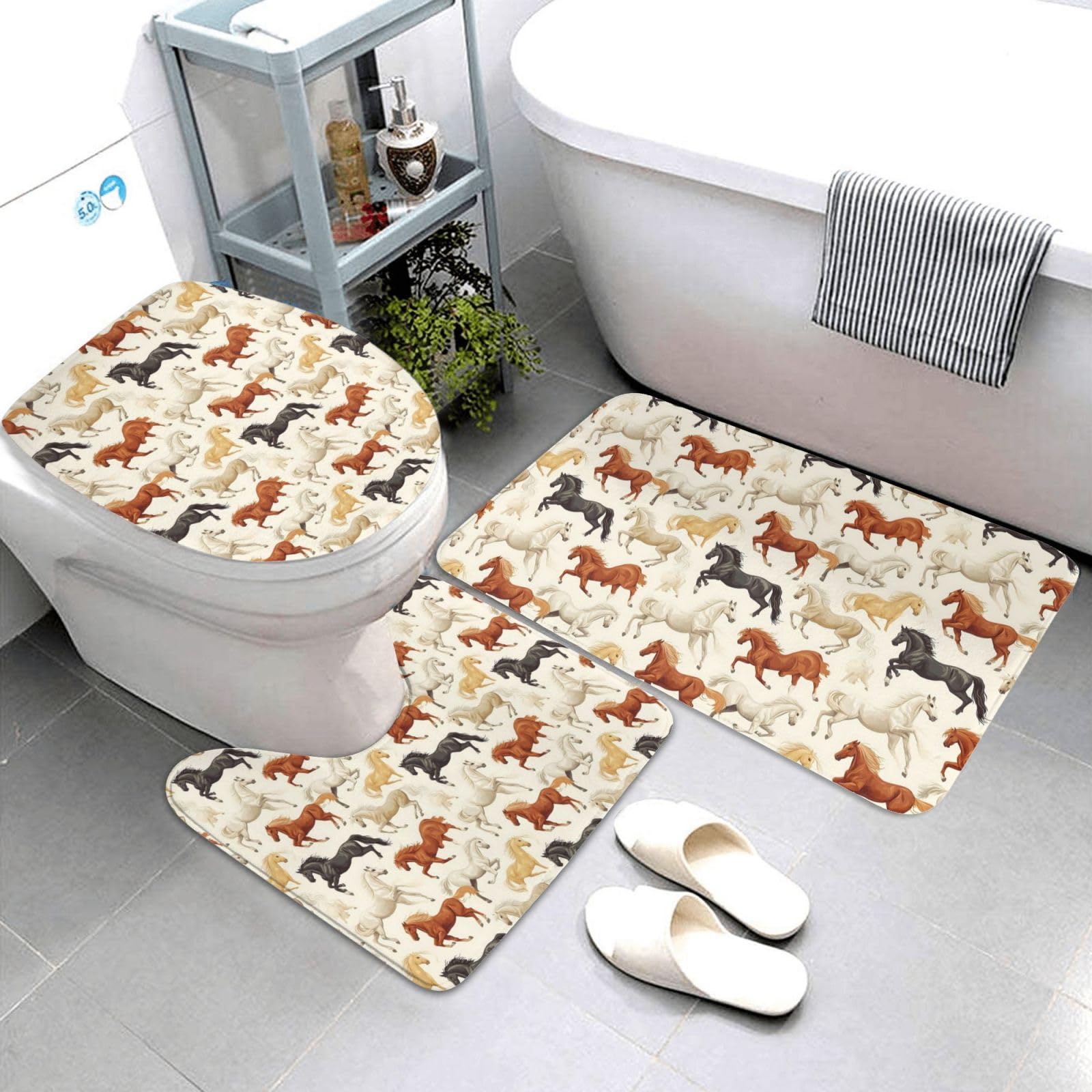 Tapis de salle de bain motif cheval avec housse couvercle WC U