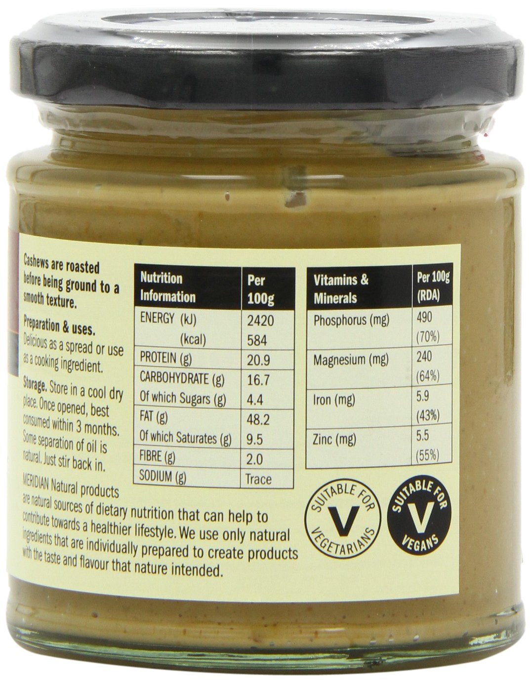 Meridian Natural Cashew Butter Whole Nut Spread 170 g (Pack of 3)