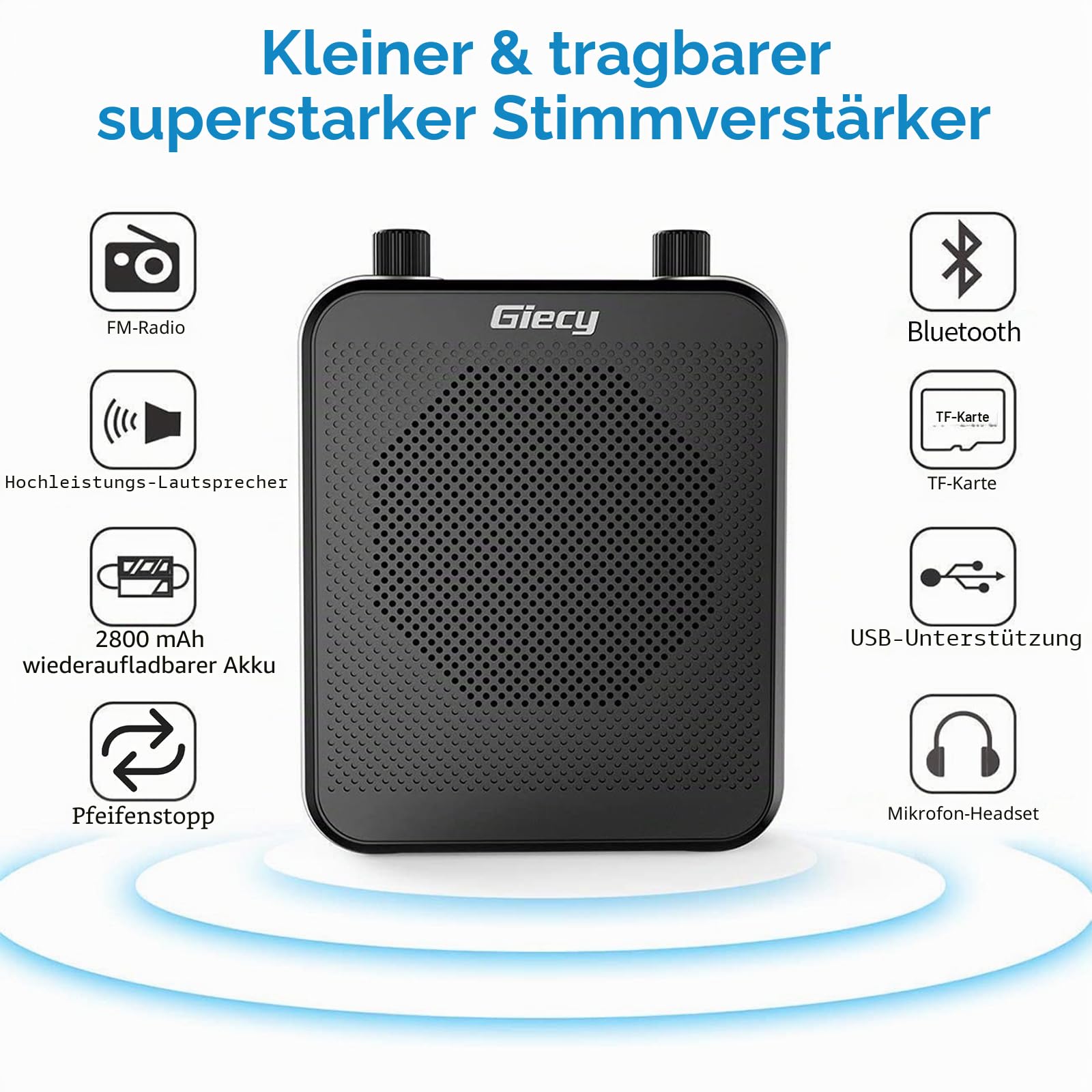 Sprachverstärker Tragbarer mit Kabellosem UHF-Mikrofon, 2800mAh Akku, MP3/TF/USB-Player, FM-Radio & Aufnahmefunktion für Lehrer, Führungen und Veranstaltungen