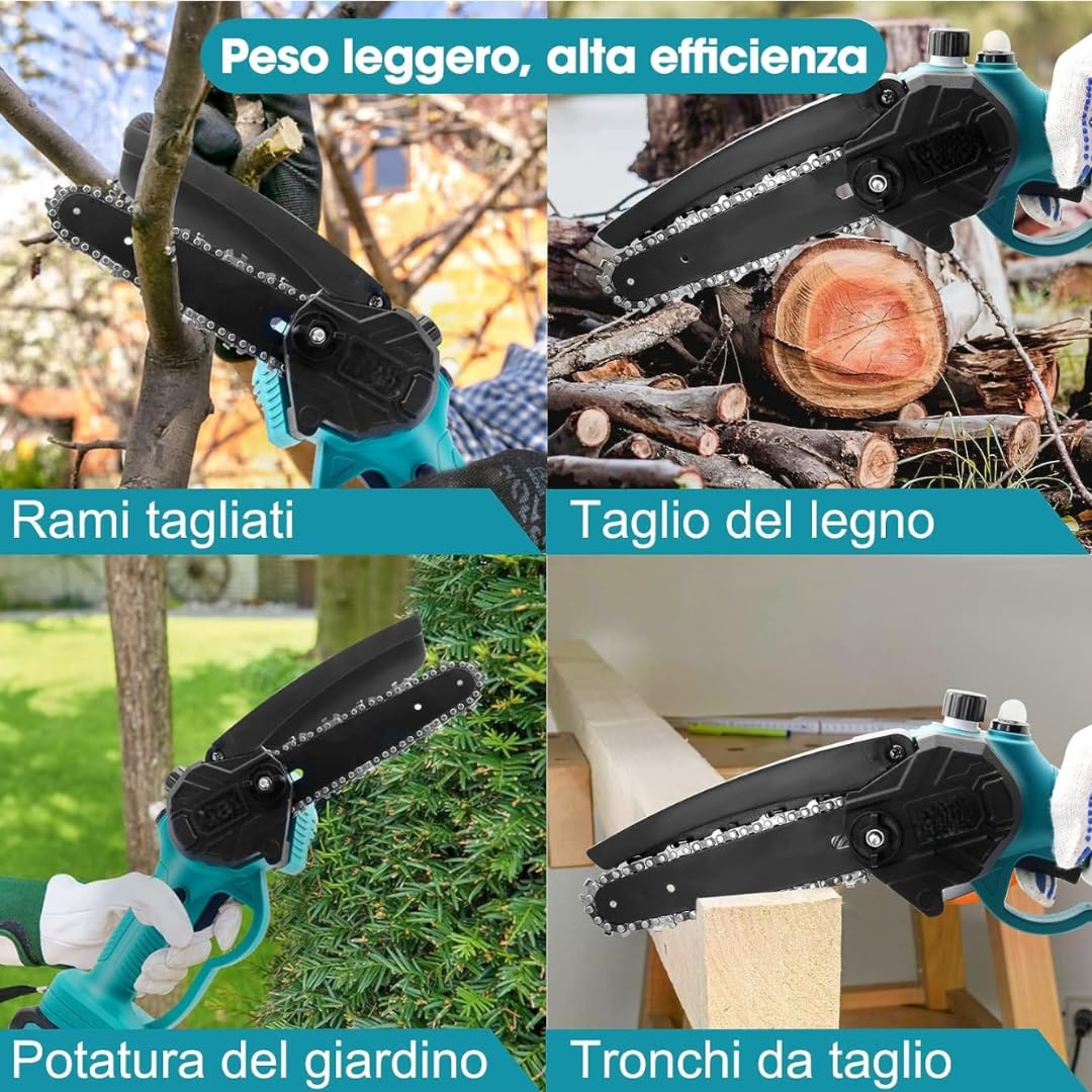 Mini Motosega a Batteria con Oliatore Automatico, 2 Batterie 48V, Barre da 6'' e 8'' Pollici con Catene di Ricambio e Blocco di Sicurezza – Potenza e Versatilità per Lavori di Precisione
