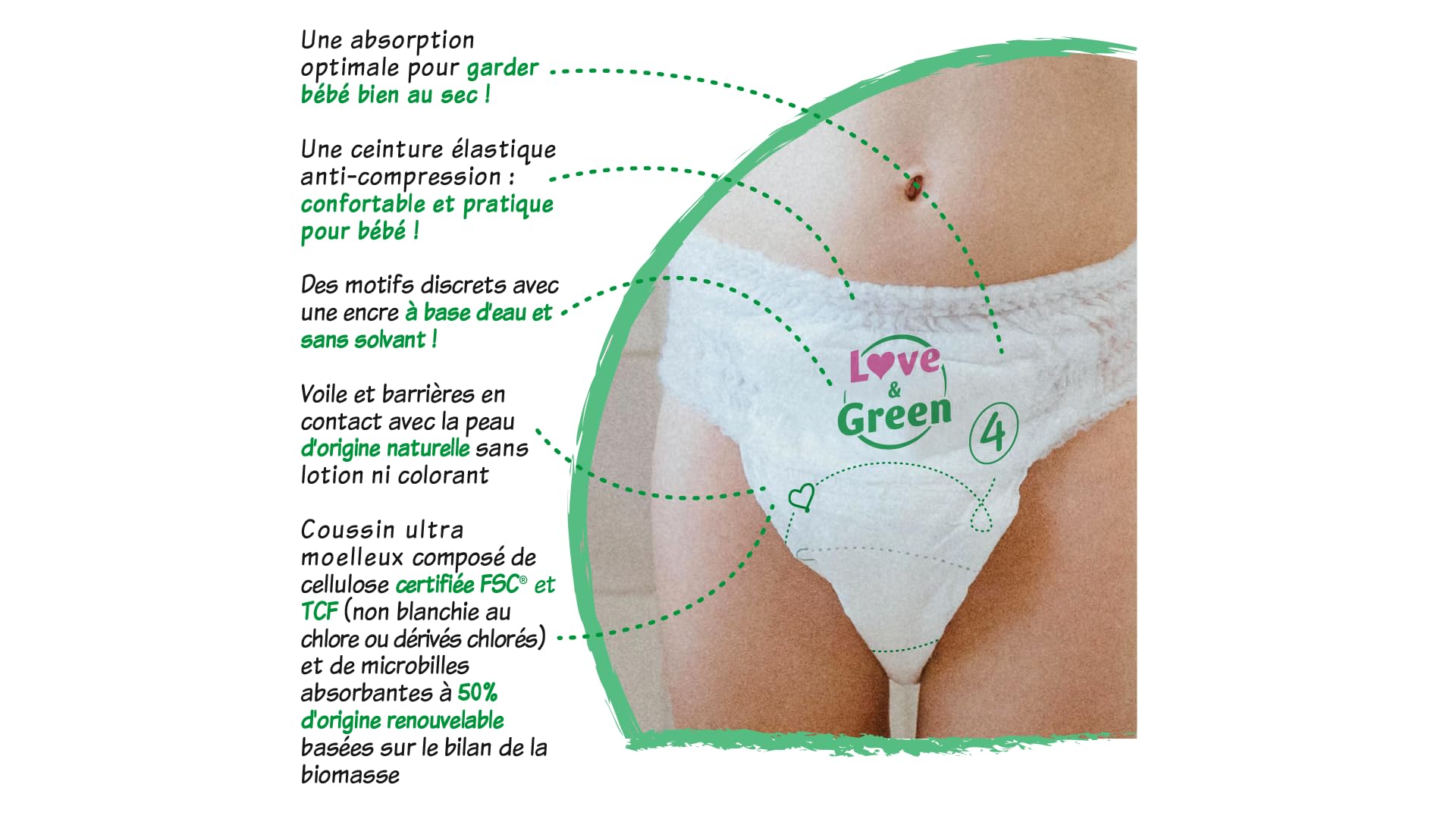 Love & Green - Couches Culottes (Pants) Saines et Ecologiques Taille 5 (12 à 18 kg) Pack 1 Mois (116 culottes) - Absorbante, anti-fuites et sans ingrédients indésirables