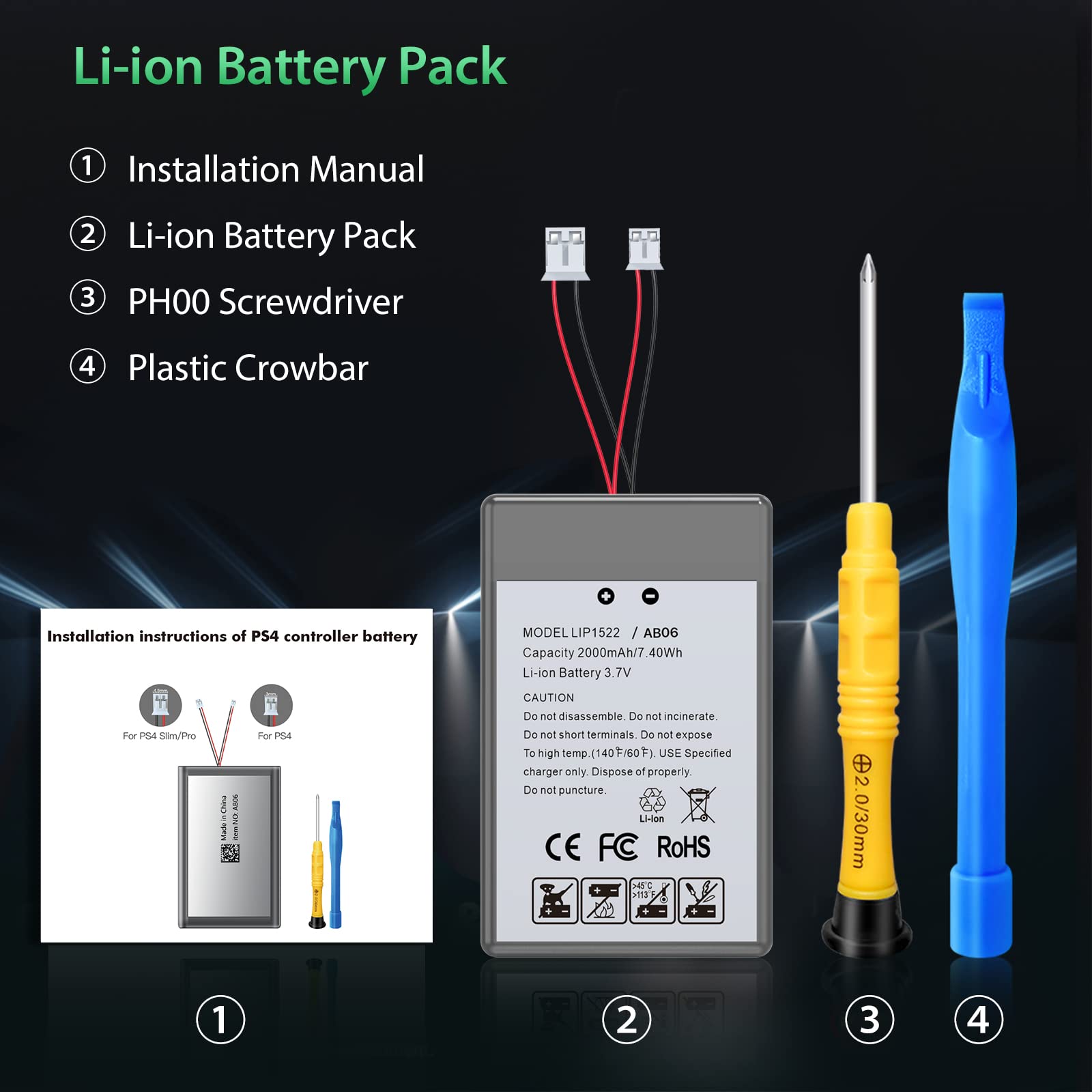 Antank Batteria 2000mAh Compatibile con Controller PS4 e PS4 Slim/Pro Dual-Shock 4 [CUH-ZCT1]/Dual-Shock 4 V2 [CUH-ZCT2] Kit di Riparazione per la Sostituzione Della Batteria con Cacciavite PH00