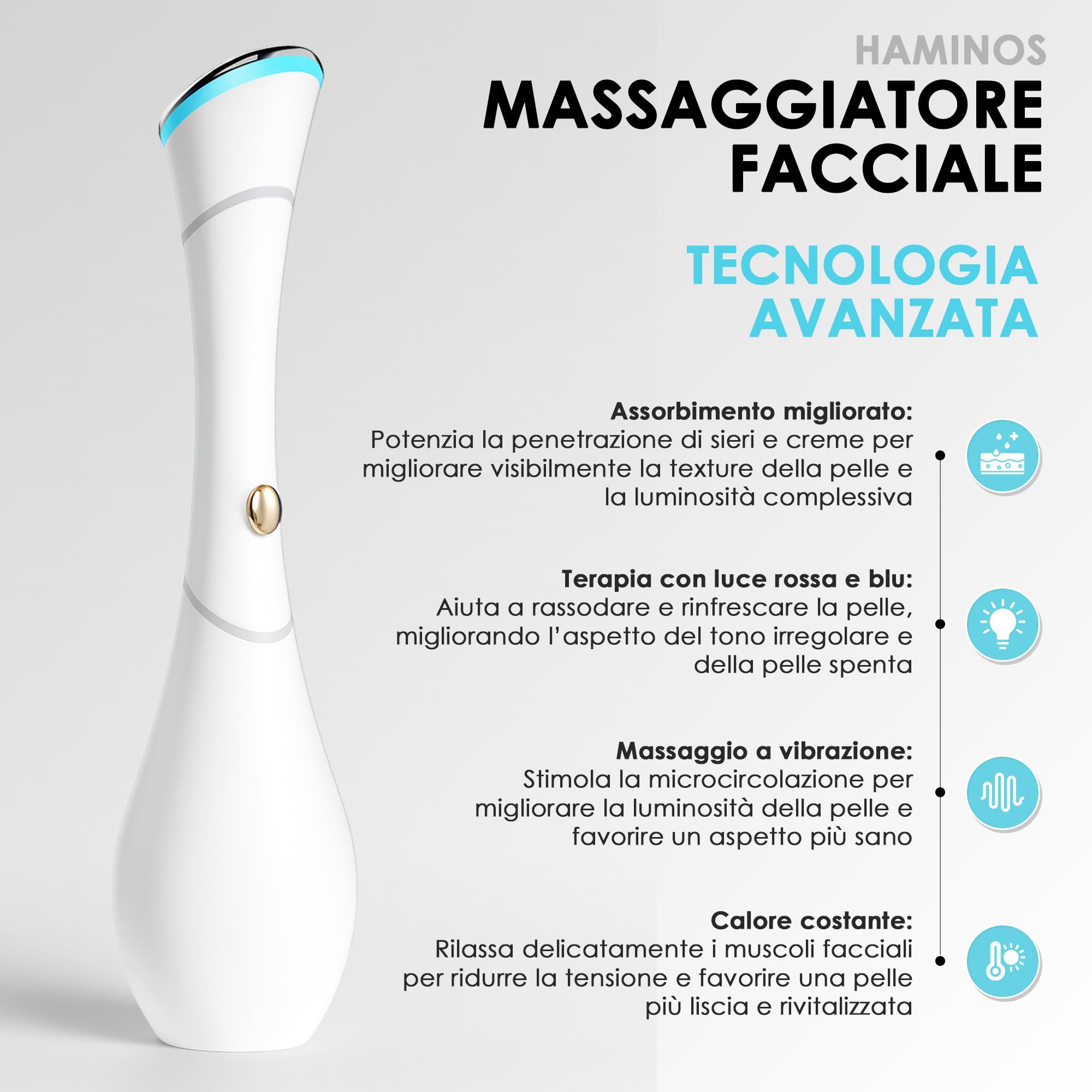 HAMINOS Massaggiatore Viso 4 in 1 con Calore, Vibrazione, Luce Rossa e Blu, Funzione Ionica Galvanica, Massaggiatore Viso Elettrico Ricaricabile USB-C per Cura del Viso