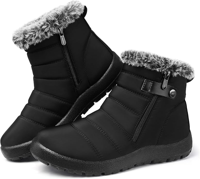 SHIBEVER Women Winter Snow Boots: Black Waterproof Walking Booties Non Slip Fur Lined Warm Outdoor Ankle Short Boot