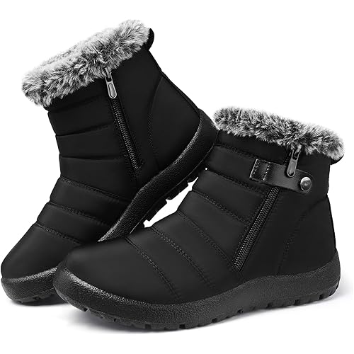 SHIBEVER Women Winter Snow Boots: Black Waterproof Walking Booties Non Slip Fur Lined Warm Outdoor Ankle Short Boot