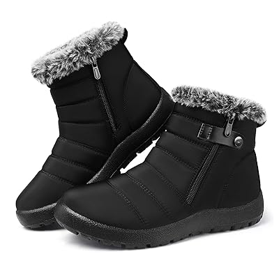 SHIBEVER Women Winter Snow Boots: Black Waterproof Walking Booties Non Slip Fur Lined Warm Outdoor Ankle Short Boot