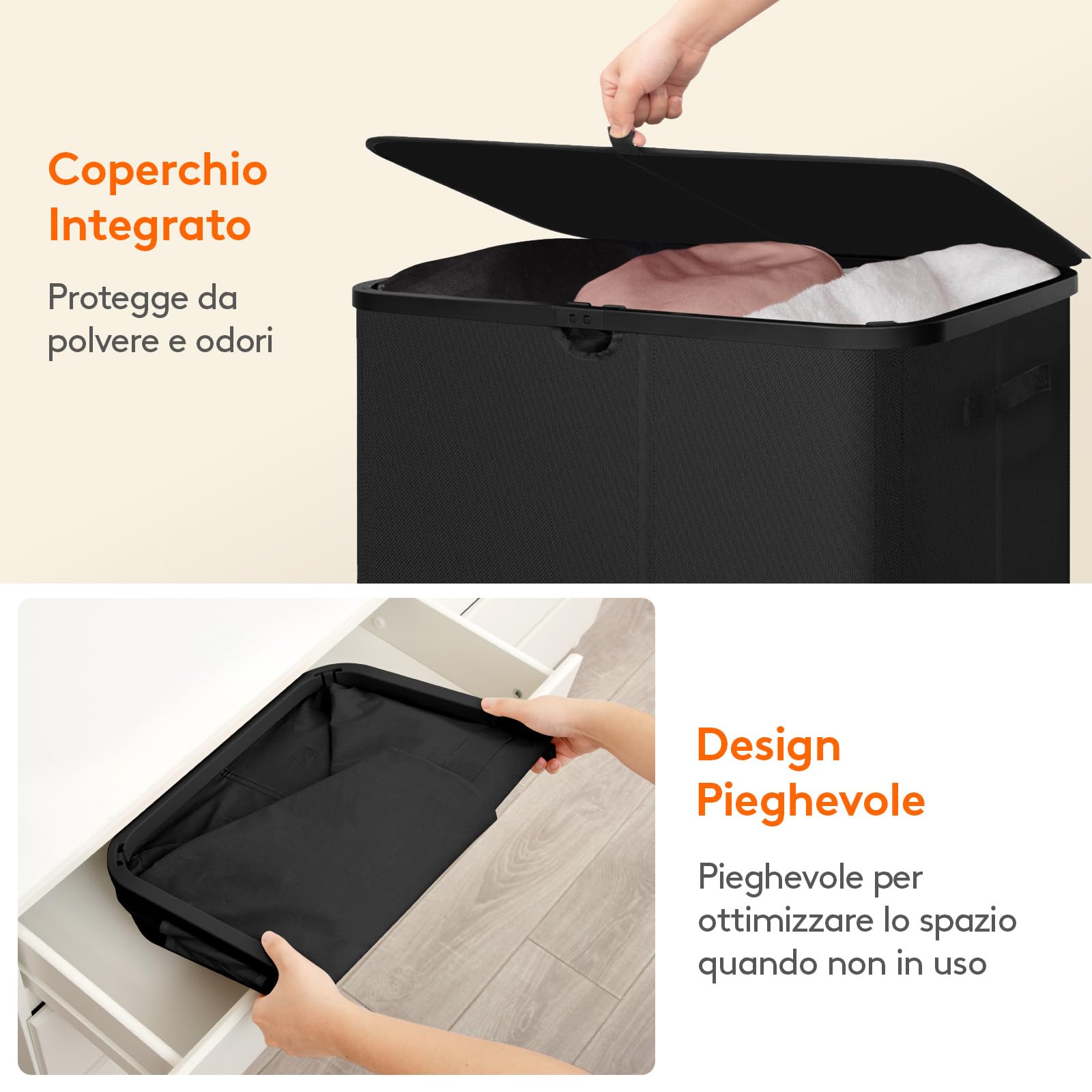 Lifewit Cesto Portabiancheria con Coperchio, Grande Portabiancheria Pieghevole a 3 Scomparti con Sacchi Rimovibili, Laundry Basket per Camera da Letto, Bagno e Lavanderia, 185L, Nero