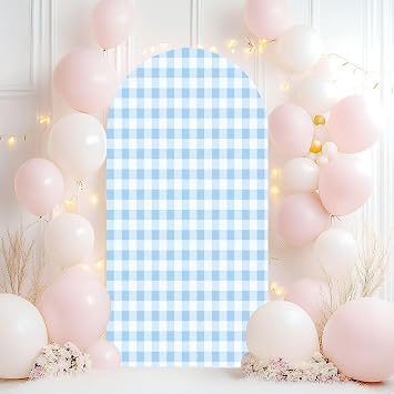 Wedding Arch Backdrop Cover 7.2FT Light Blue Gingham Check Fabric Texture Spandex Fitted Arch Cover Round Top Stands Cover for Birthday Party Ceremony Banquet Decoration